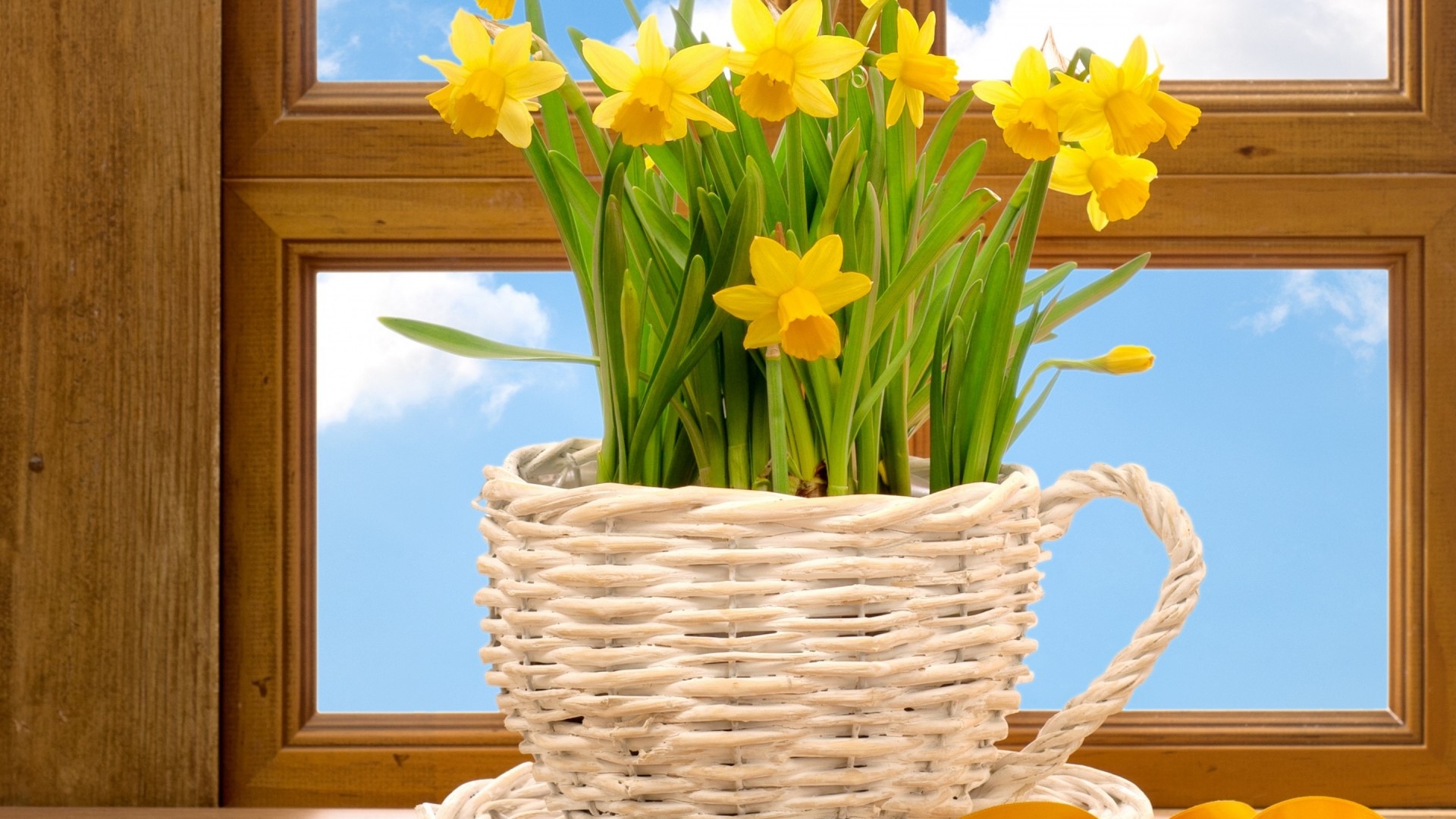 Basket of yellow daffodils next to a window HD Wallpaper
