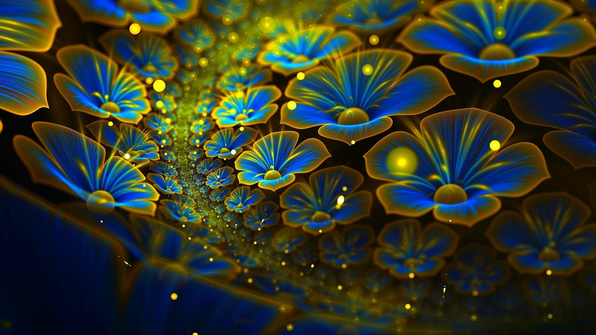 Abstract Blue and Gold Fractal Flowers HD Wallpaper