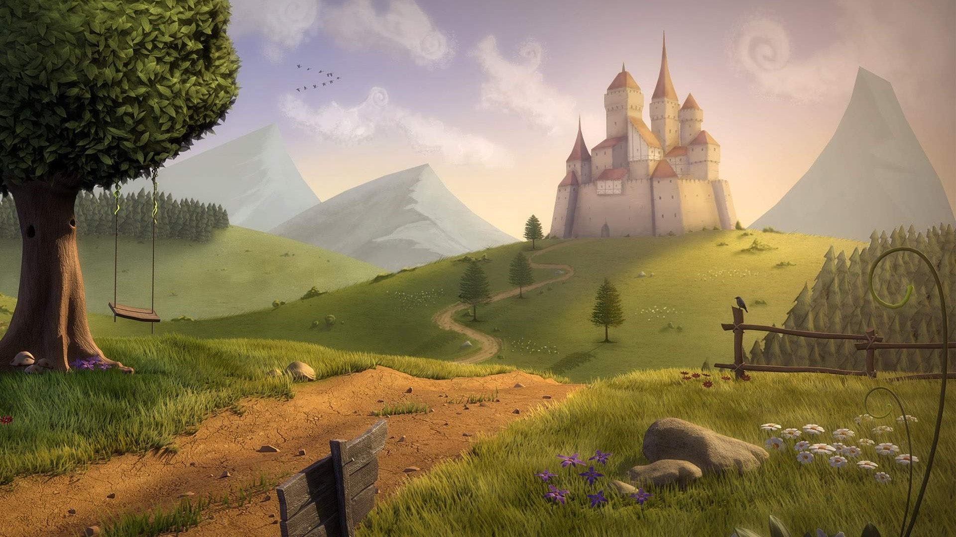Fantasy castle on a hill with a swing HD Wallpaper