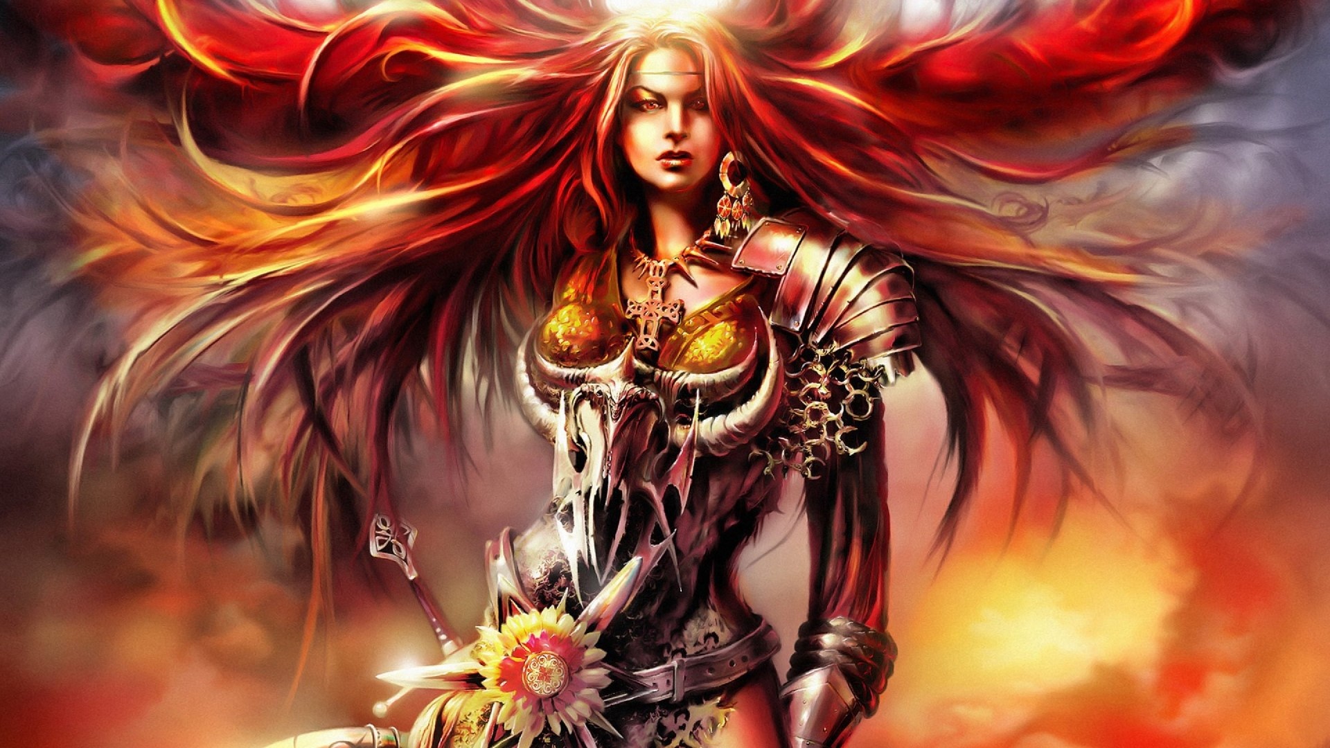 Fantasy warrior woman with fiery hair and armor HD Wallpaper