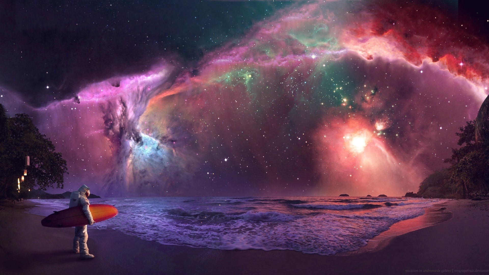 Astronaut with surfboard on beach under Andromeda Galaxy HD Wallpaper