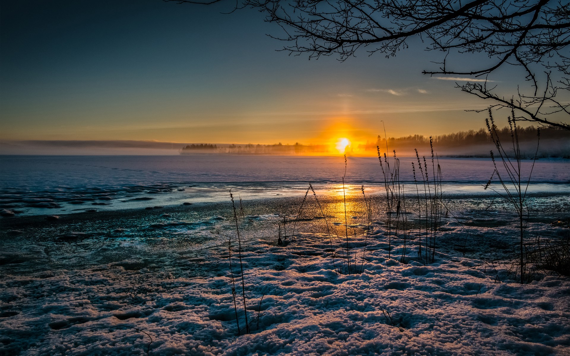 Winter sunset over a frozen lake with reeds HD Wallpaper