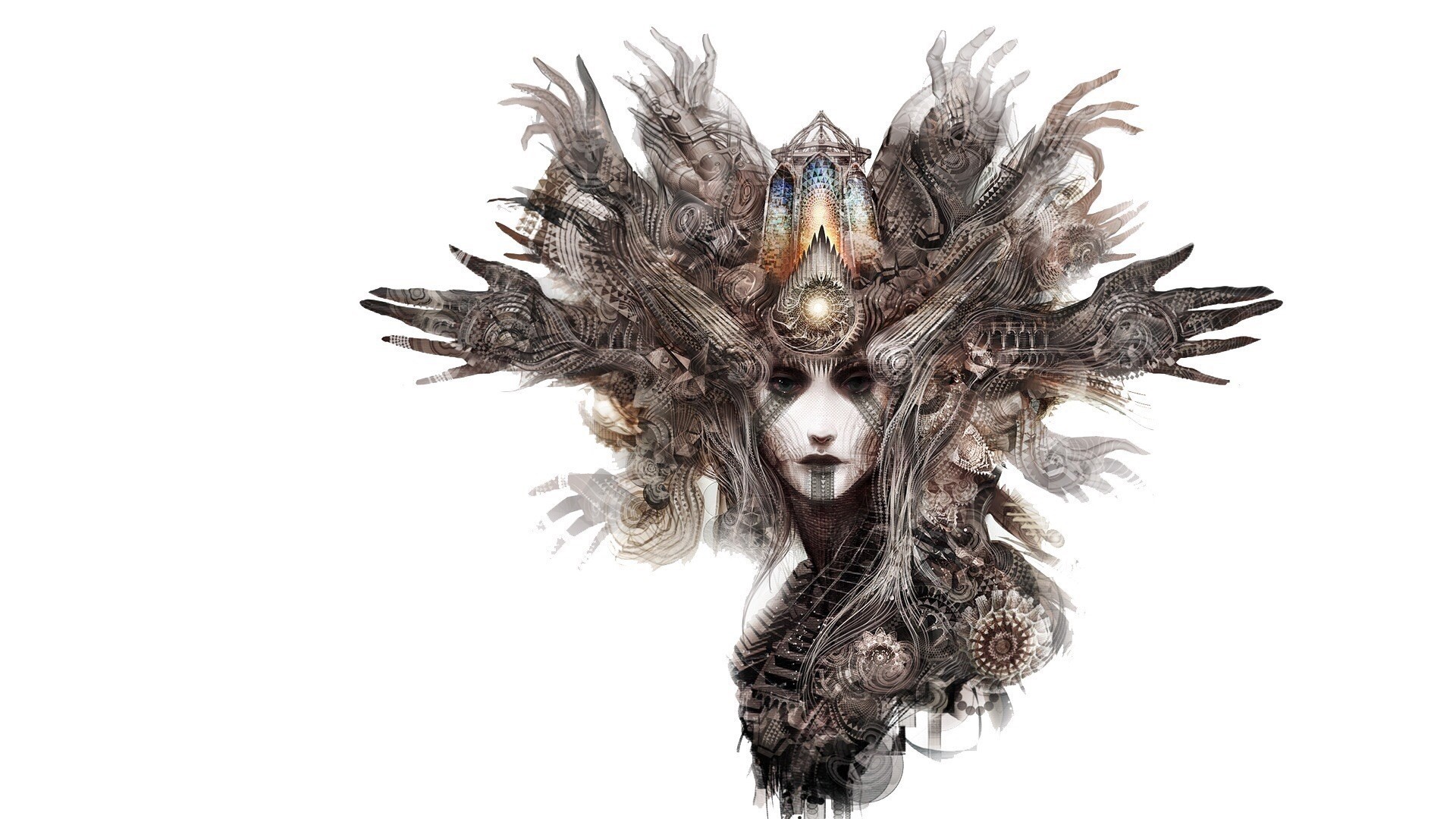 Surreal portrait of a woman with mechanical hands HD Wallpaper