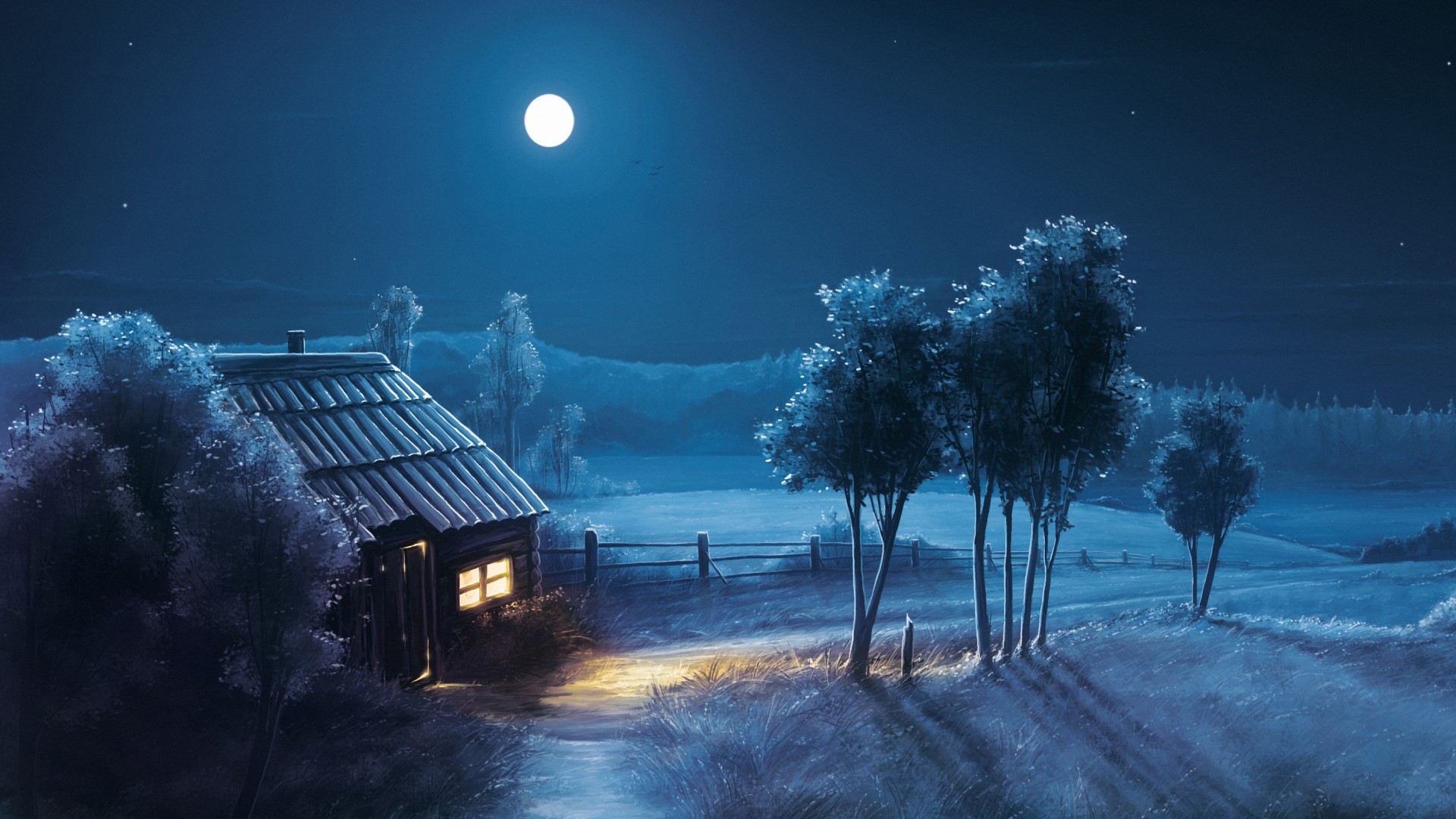 A cabin under a full moon at night HD Wallpaper