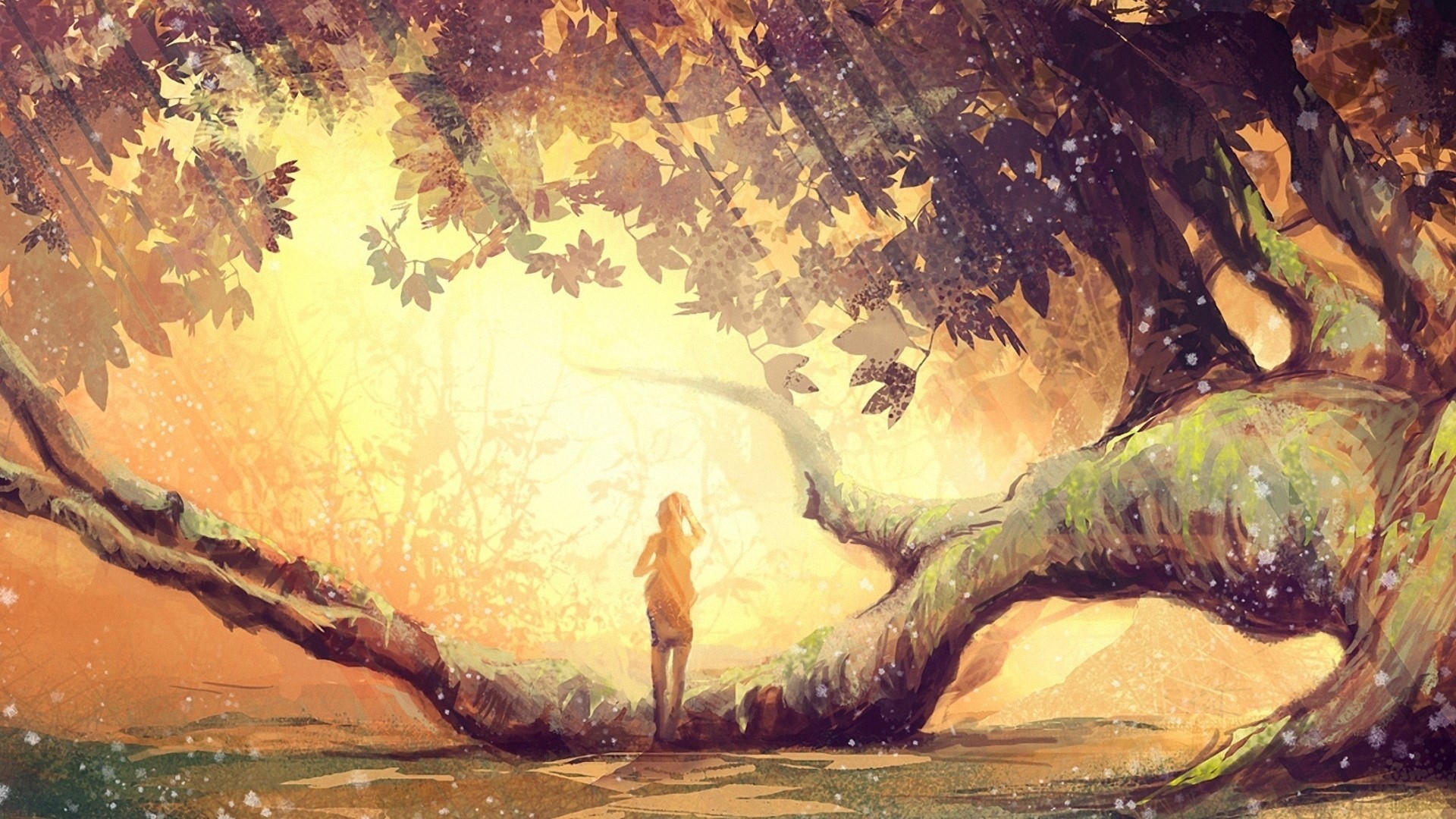 Girl standing under a fantasy tree HD Wallpaper