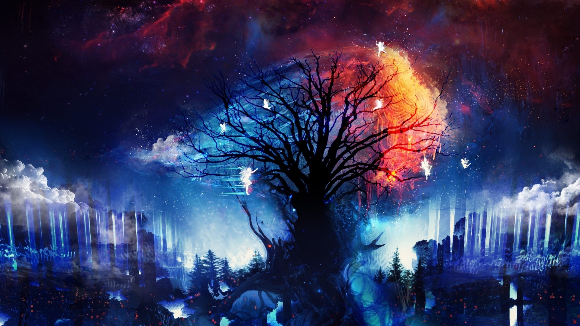 Fantasy tree with fairies and cosmic background HD Wallpaper