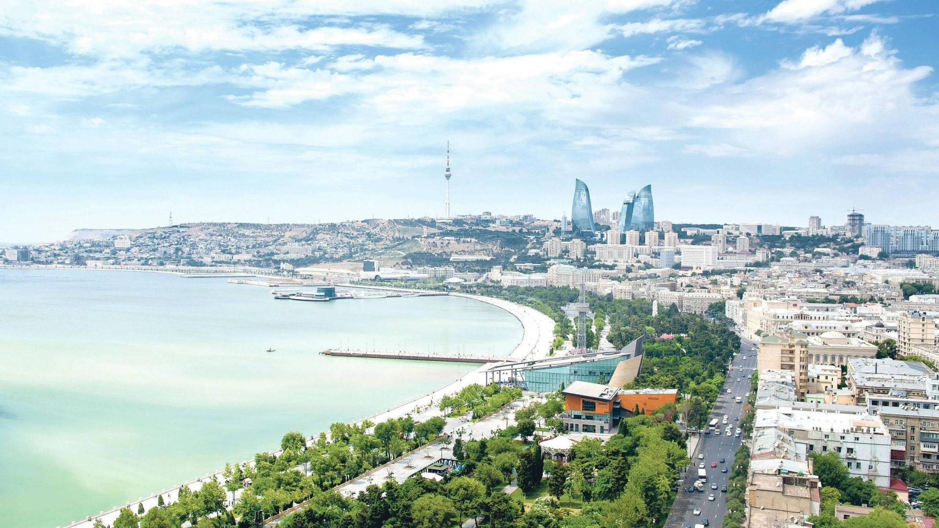 Baku Azerbaijan cityscape with Flame Towers and Caspian Sea HD Wallpaper