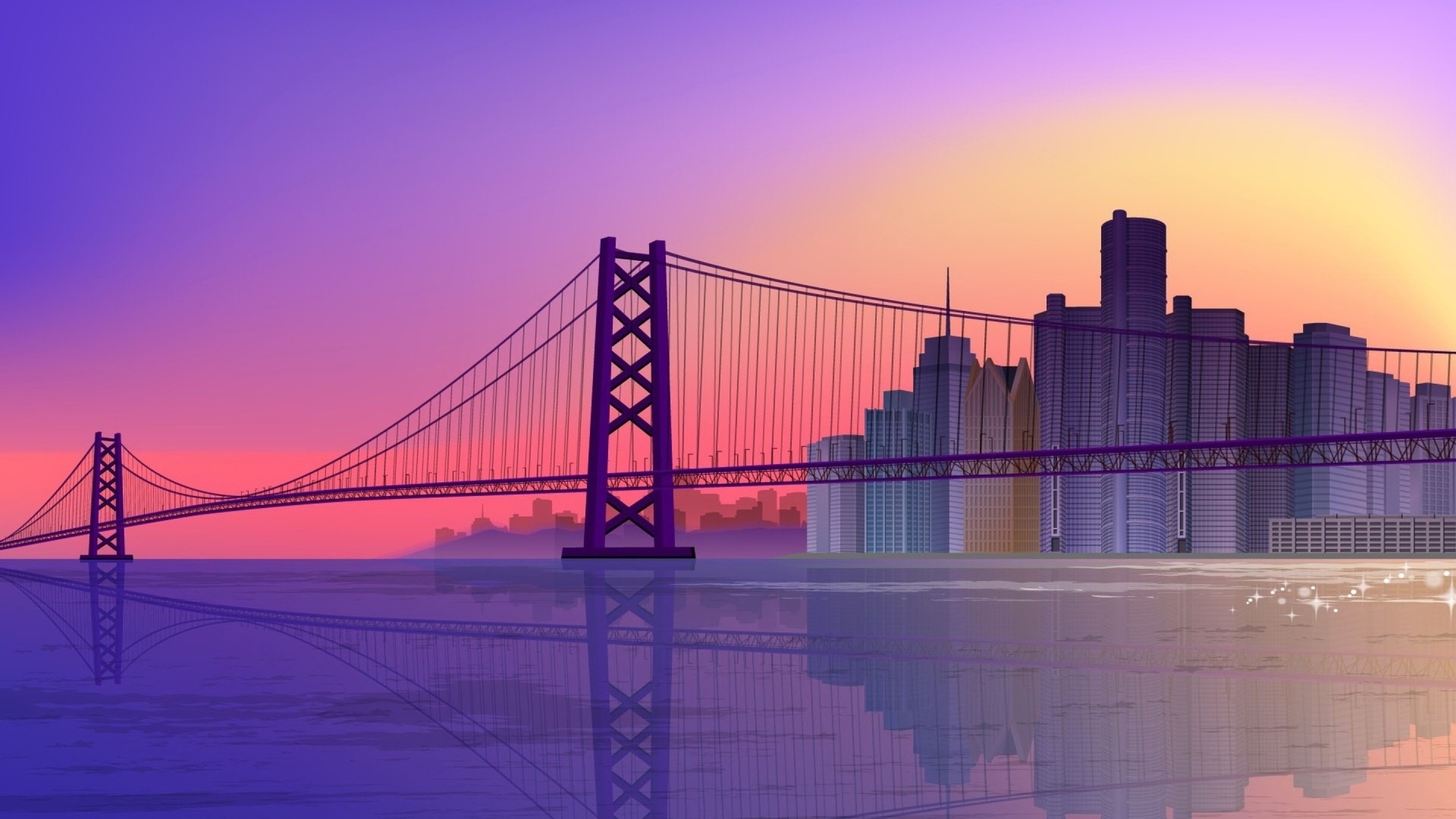 Cityscape with suspension bridge at sunset HD Wallpaper
