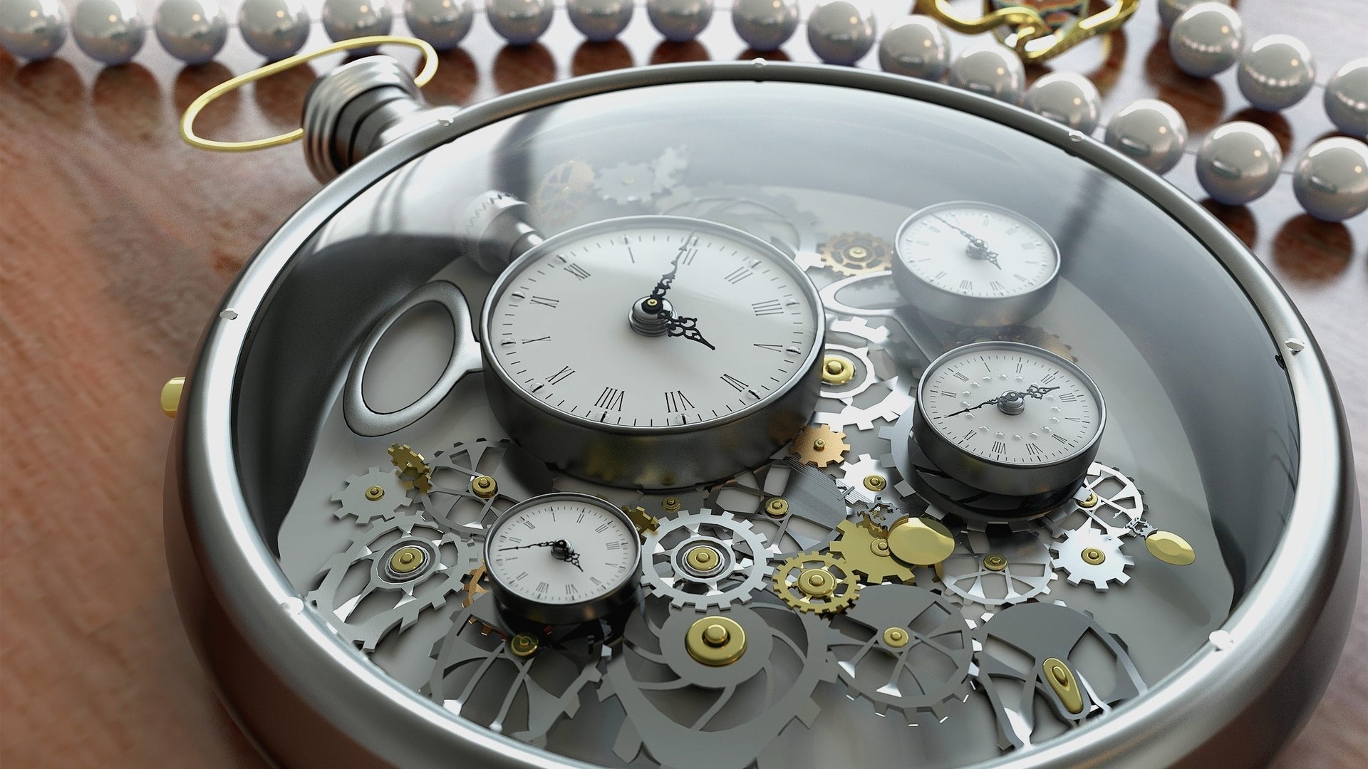 Pocket watch with multiple clock faces and gears HD Wallpaper