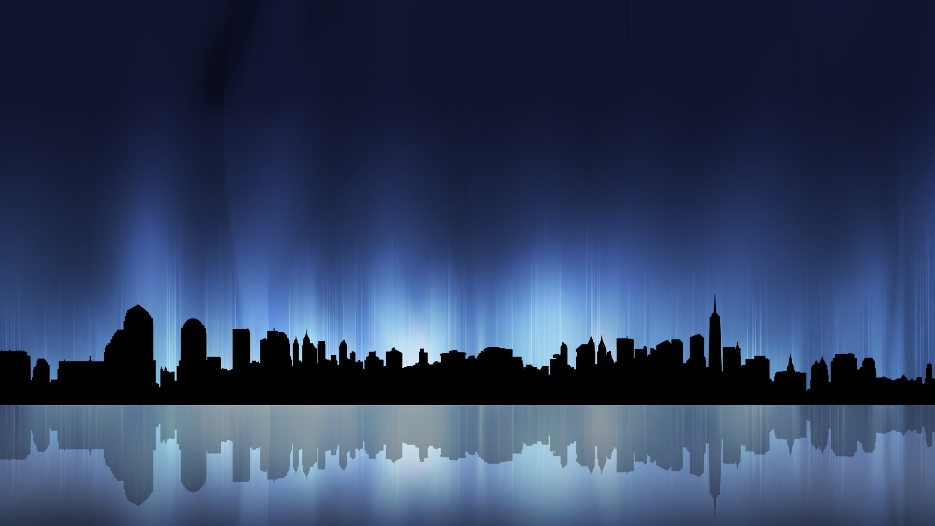 Cityscape Silhouette with Blue Aurora Reflection HD Wallpaper