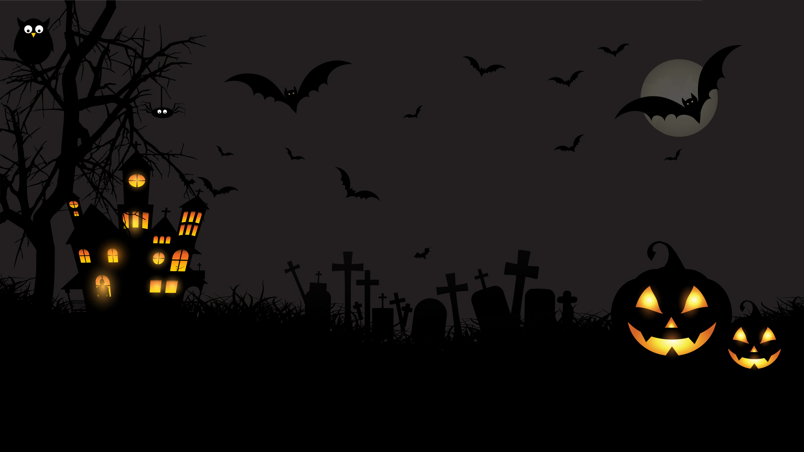 Halloween graveyard with haunted castle, bats, and pumpkins HD Wallpaper