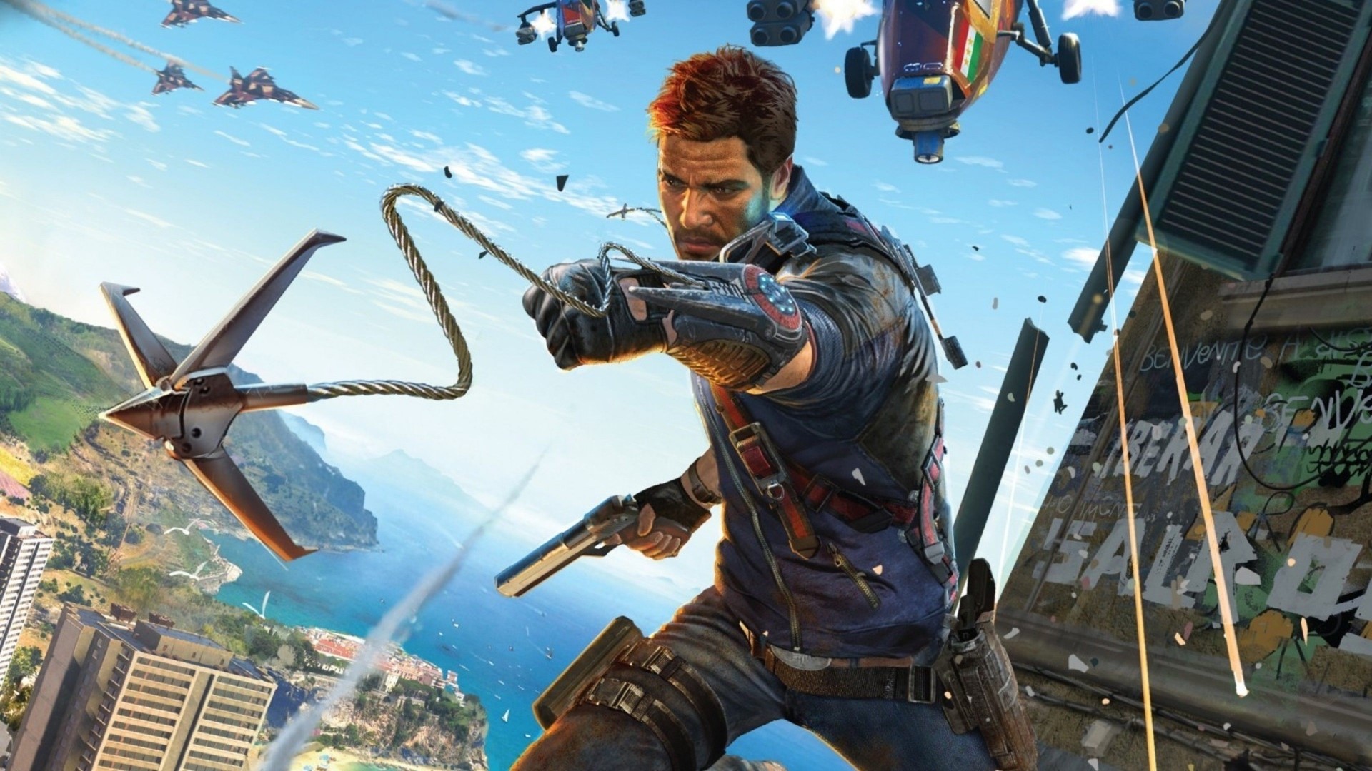 Rico Rodriguez from Just Cause 3 using a grappling hook HD Wallpaper