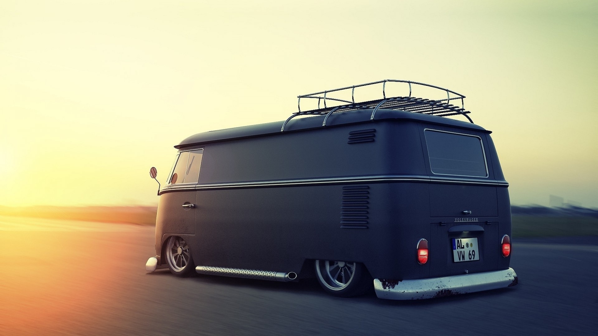 Black Volkswagen Bus Lowrider with Roof Rack HD Wallpaper