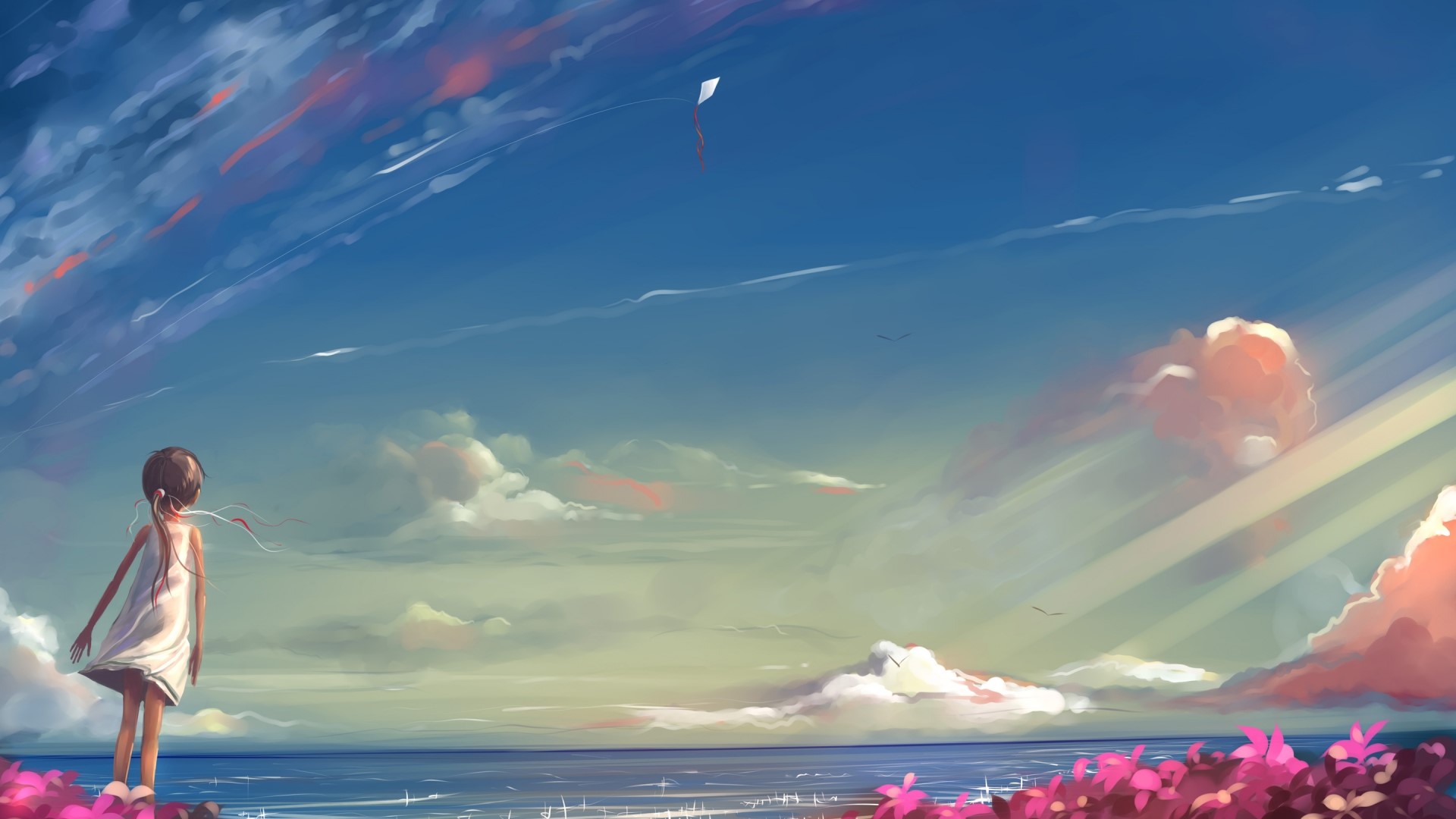 Girl flying a kite by the ocean HD Wallpaper