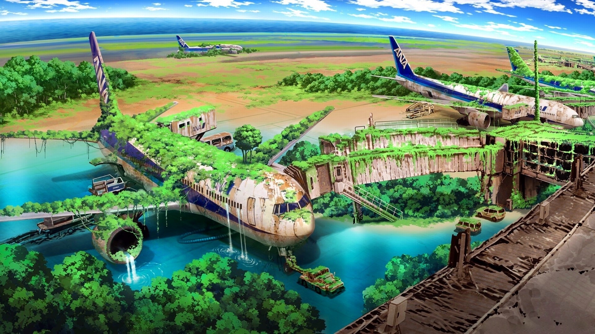 Abandoned ANA airplanes overgrown with plants HD Wallpaper