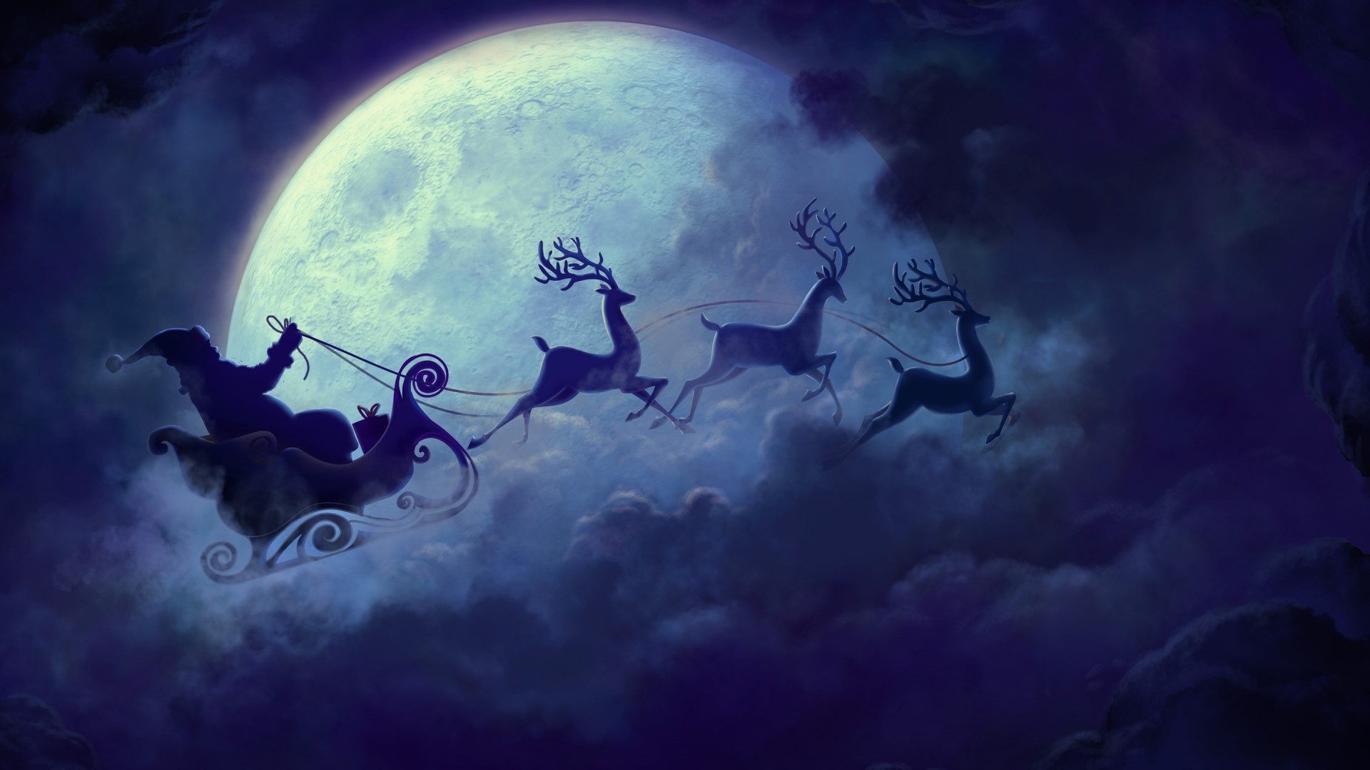 Santa Claus and reindeer flying in the moonlit night HD Wallpaper