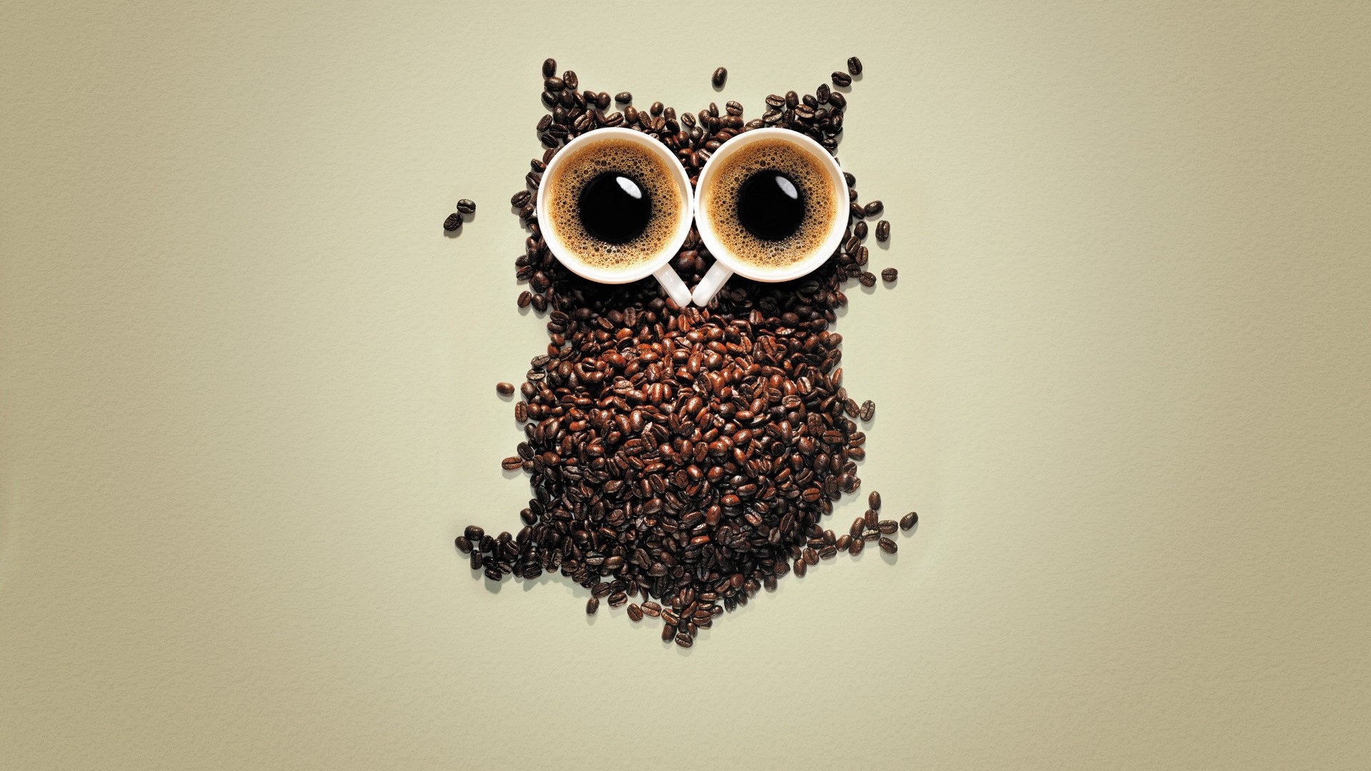Coffee beans arranged in an owl shape with coffee cups for eyes HD Wallpaper