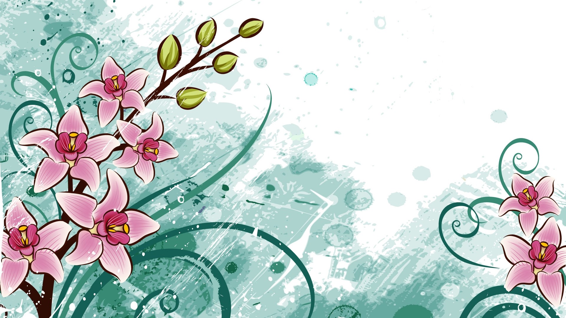 Pink Orchids with Green Swirls on Textured Background HD Wallpaper