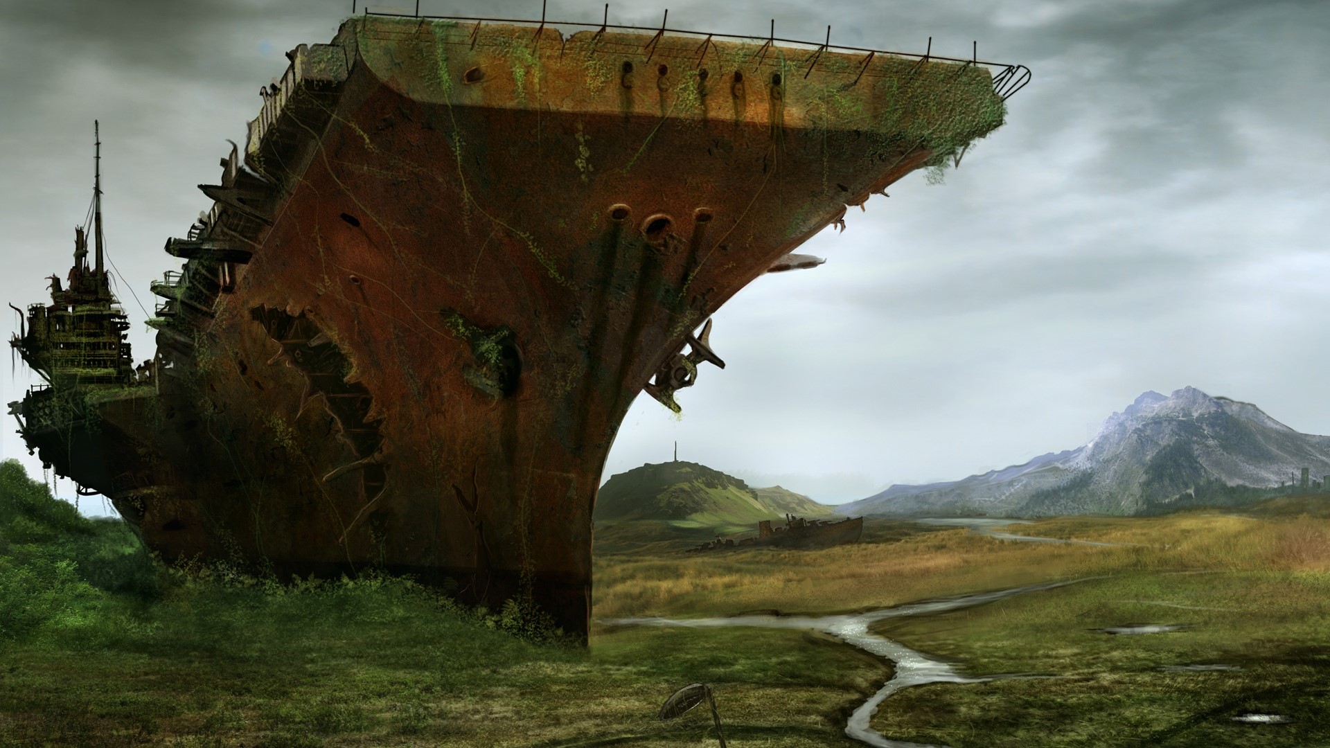 Apocalypse Concept Art of a Ruined Aircraft Carrier HD Wallpaper