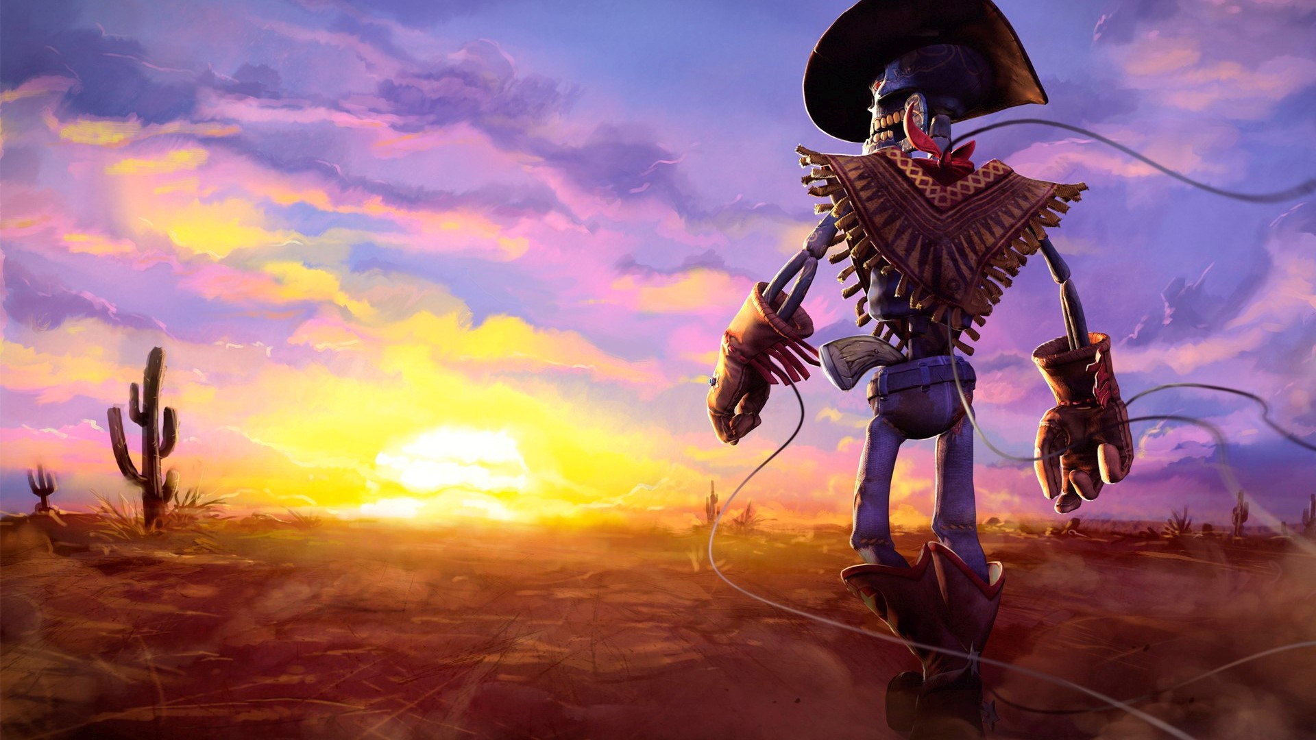 The Gunstringer skeleton cowboy in a desert sunset HD Wallpaper