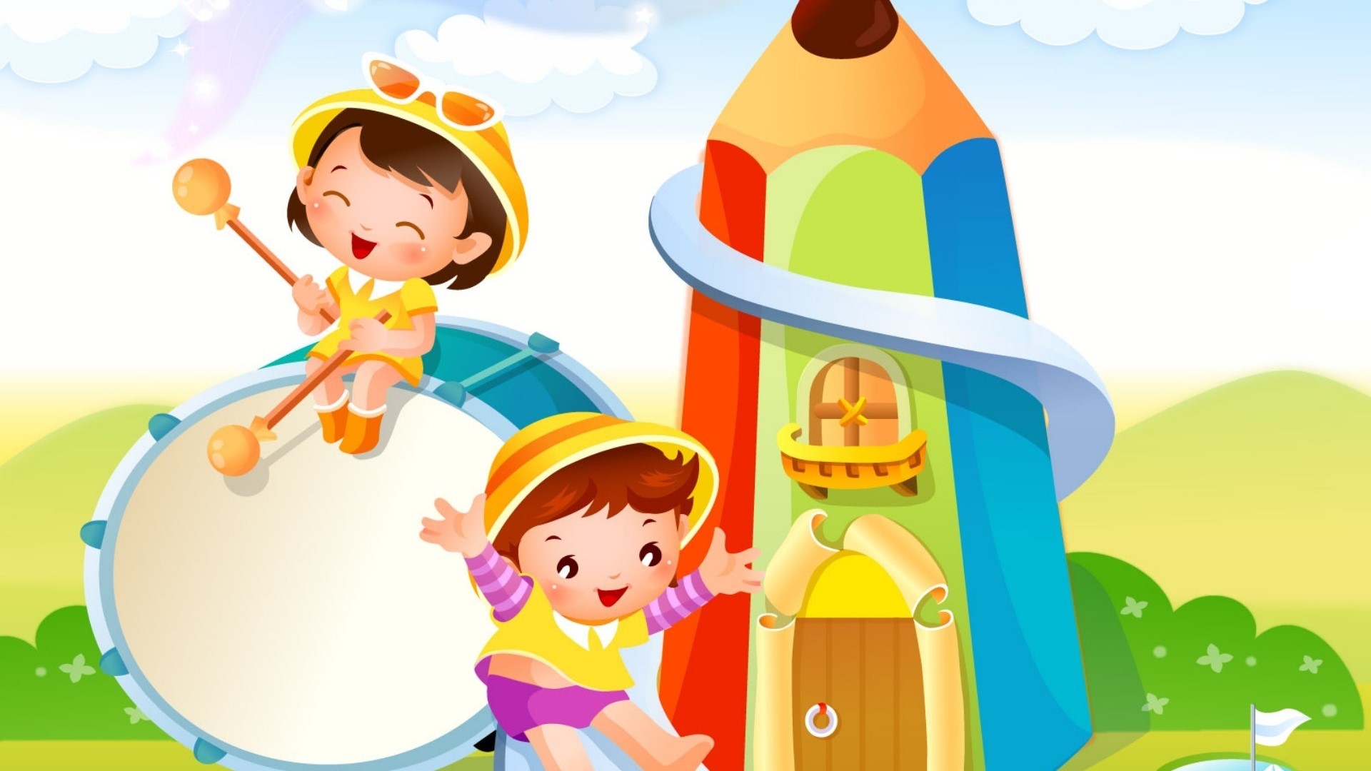 Children playing with a drum and a pencil house HD Wallpaper