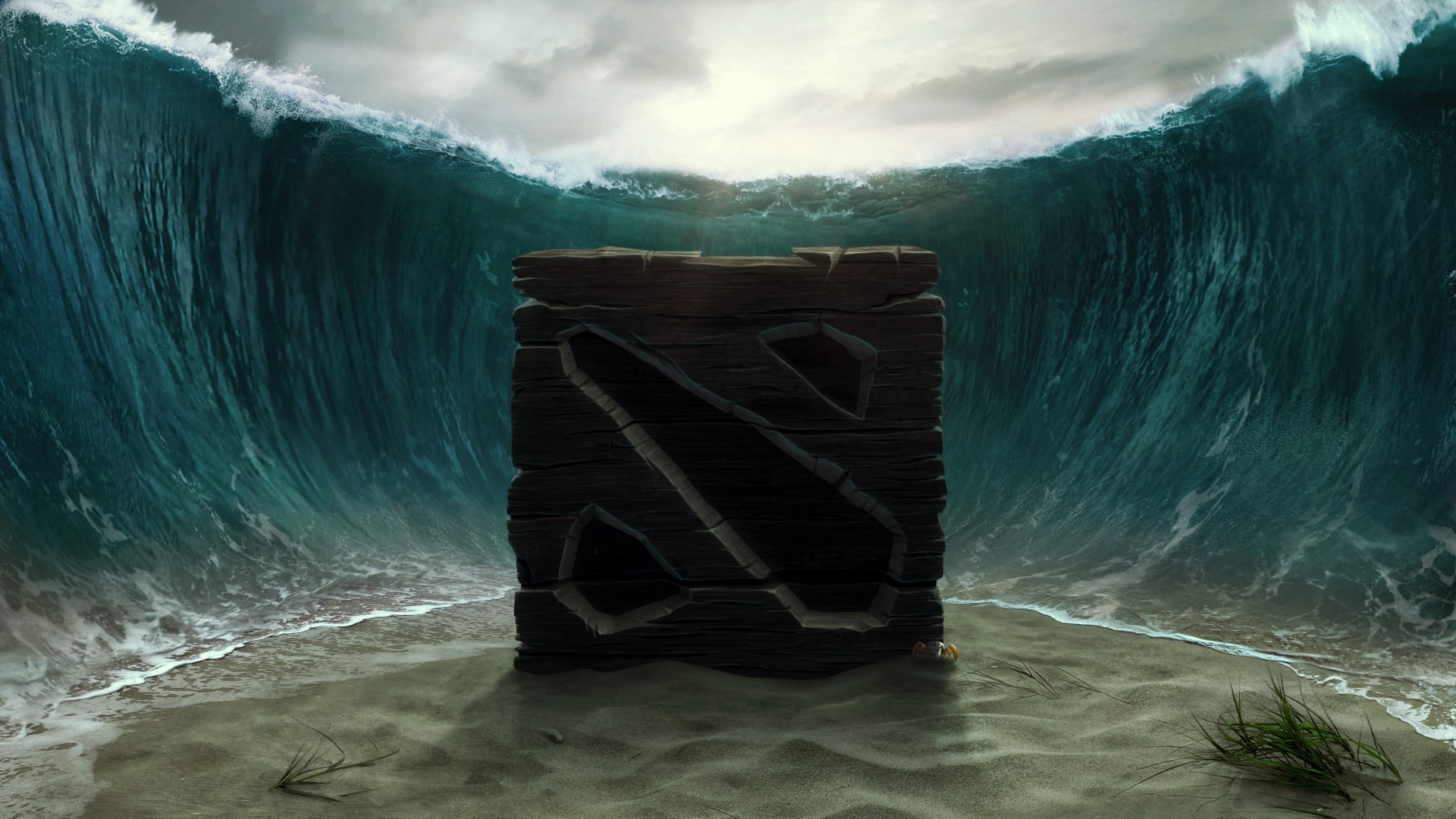 Dota 2 Logo on a Beach with Giant Waves HD Wallpaper