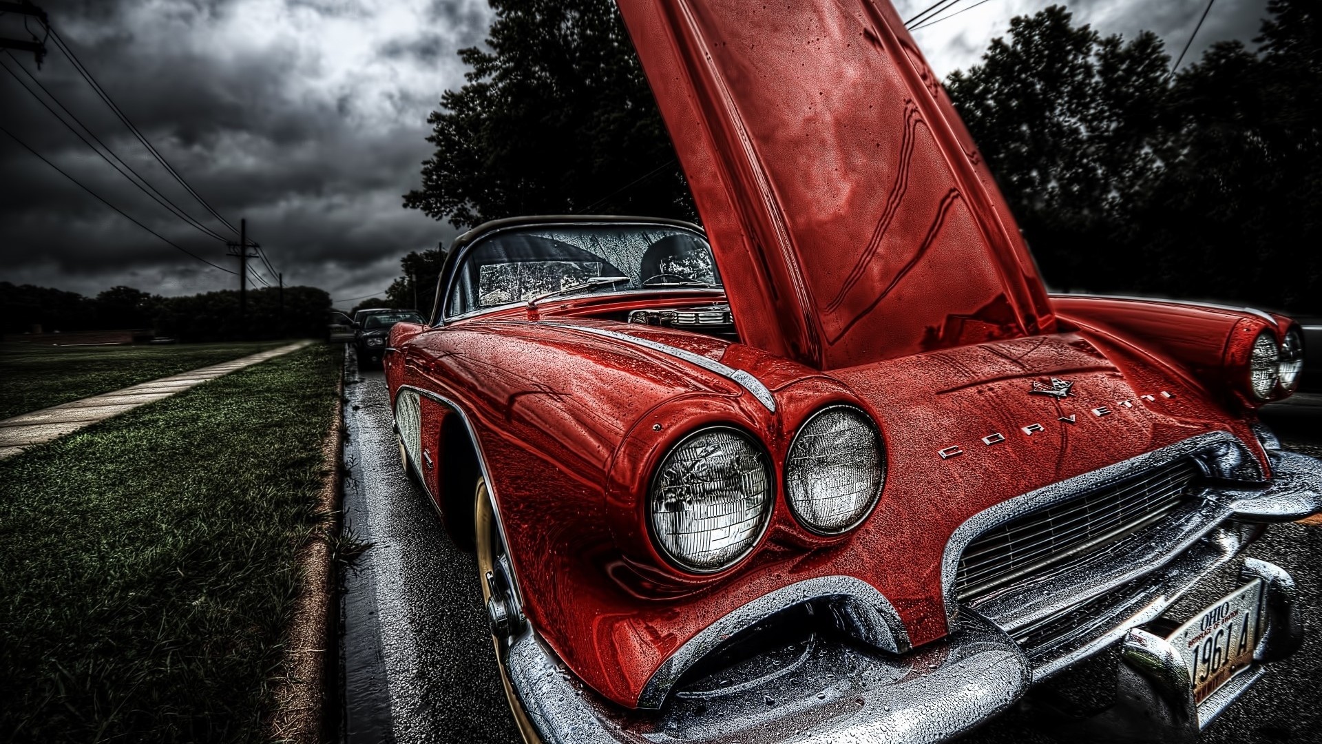 Red 1961 Corvette with Hood Open HD Wallpaper