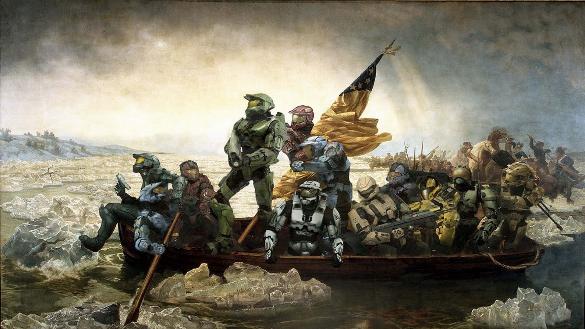 Master Chief and Spartans Crossing the Delaware HD Wallpaper