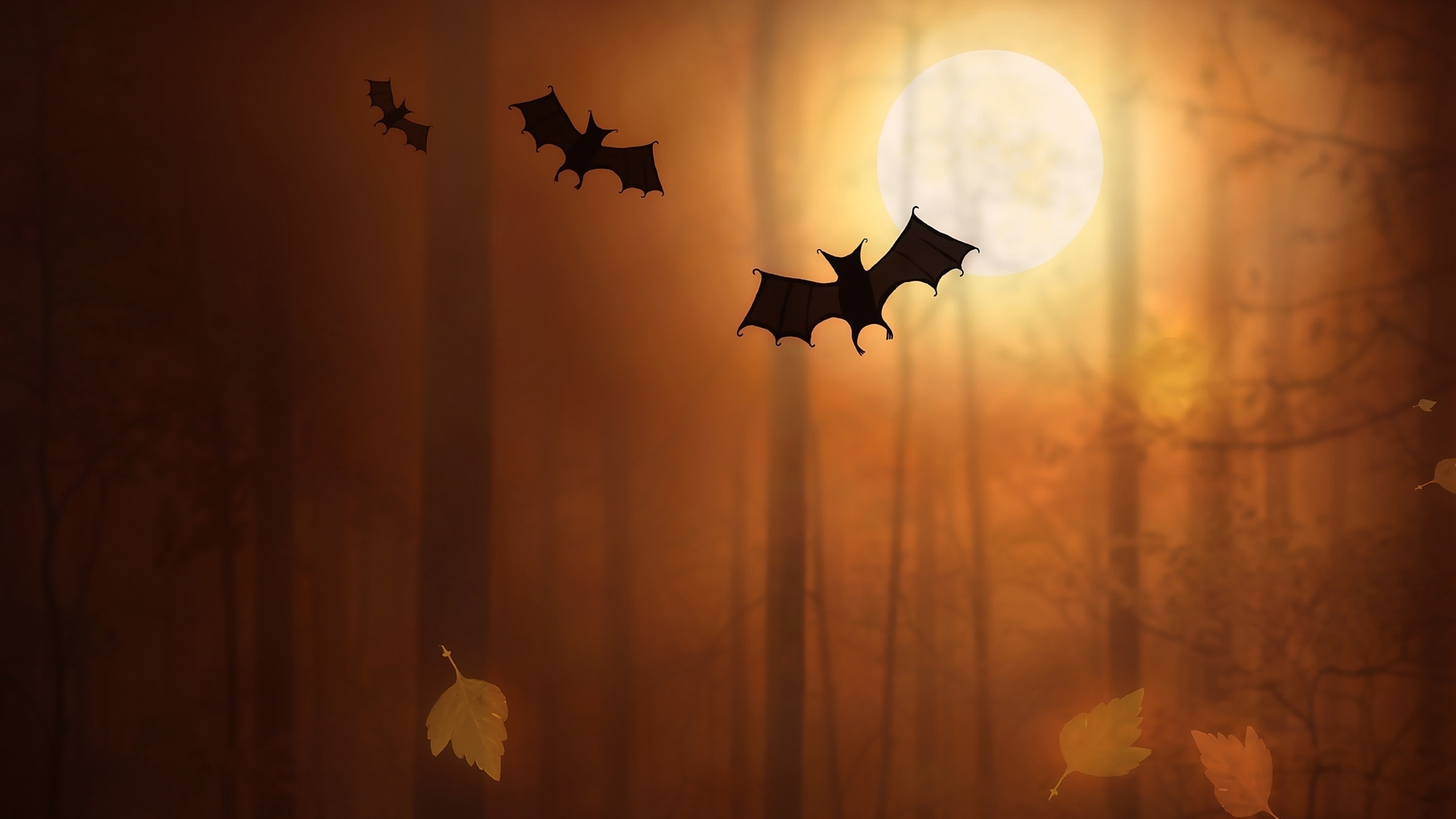 Bats flying in a forest at night with a full moon HD Wallpaper