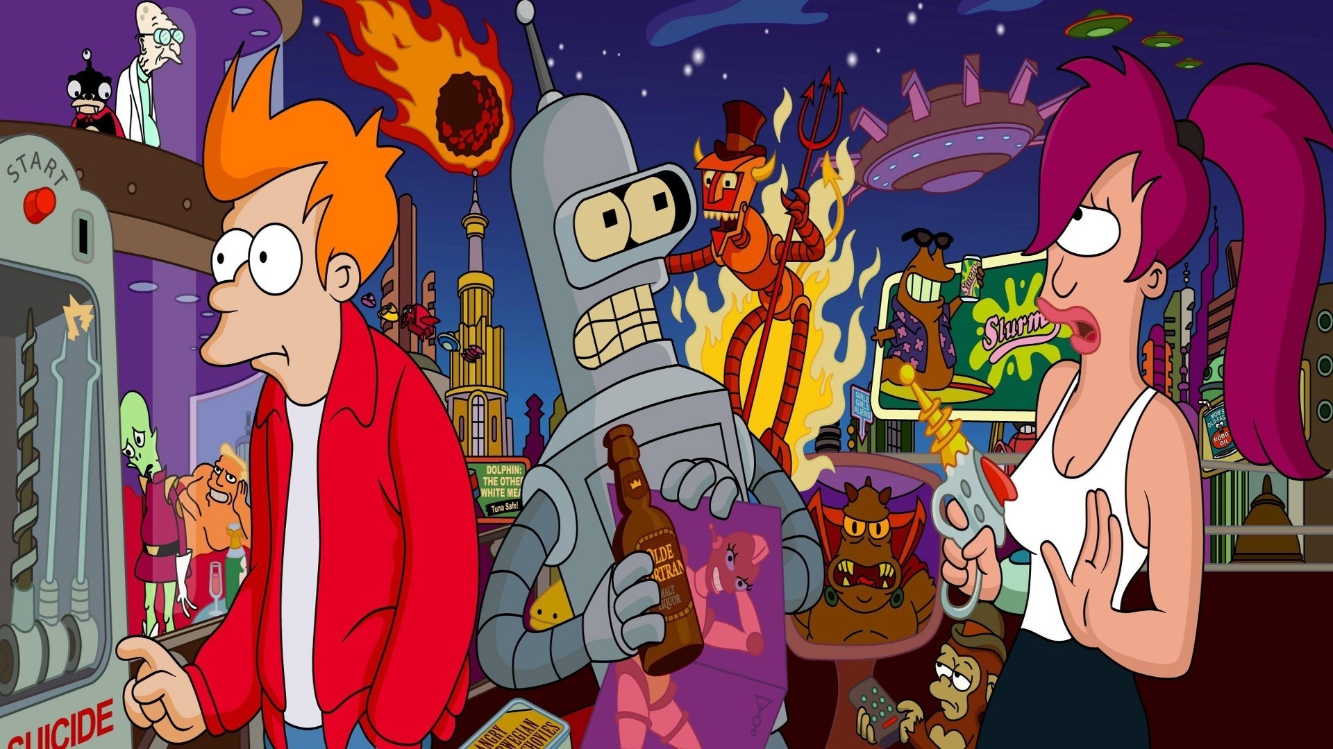 Fry, Bender, and Leela from Futurama in a city HD Wallpaper