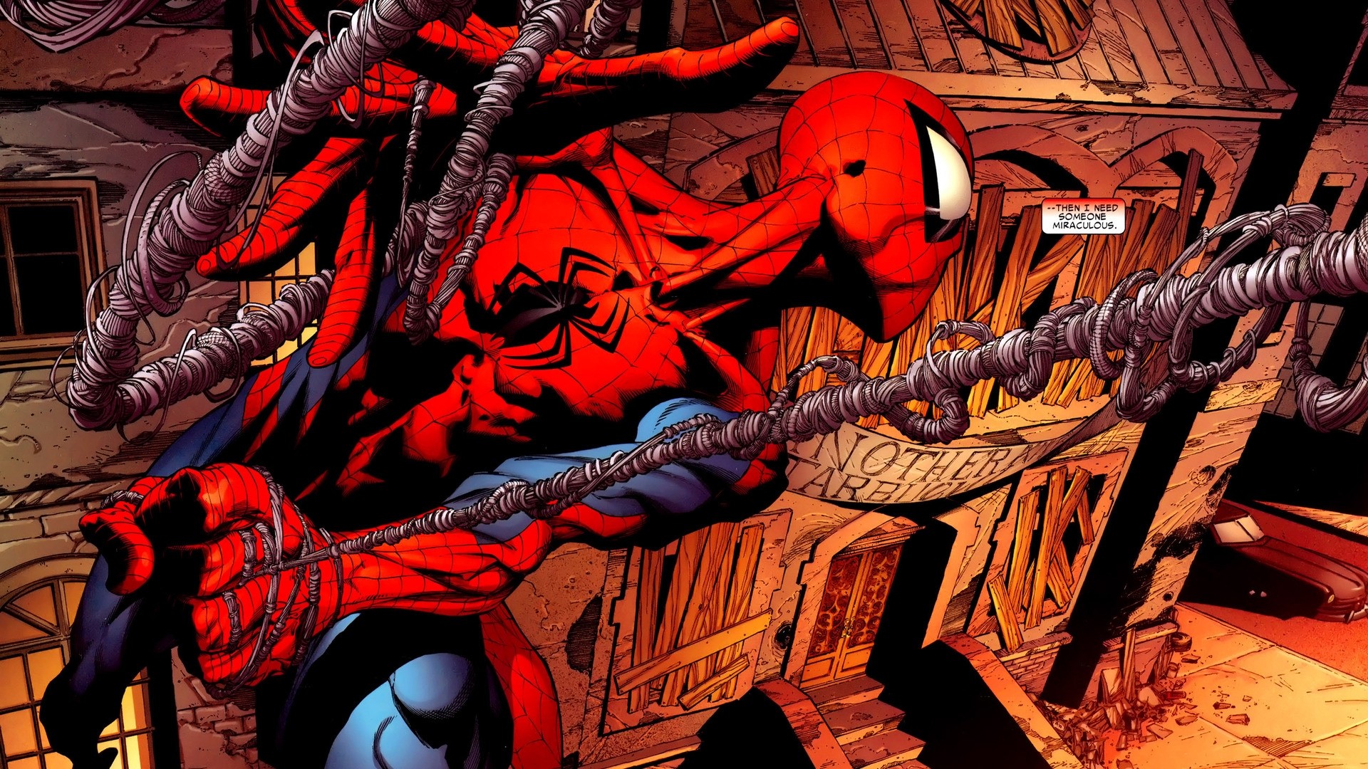 Spiderman swinging on webs in a city HD Wallpaper