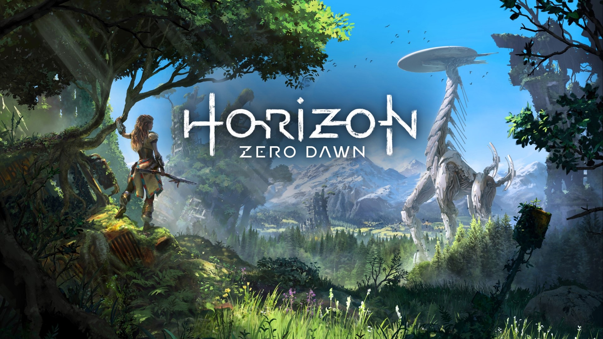 Horizon Zero Dawn game art with Aloy and robot dinosaur HD Wallpaper