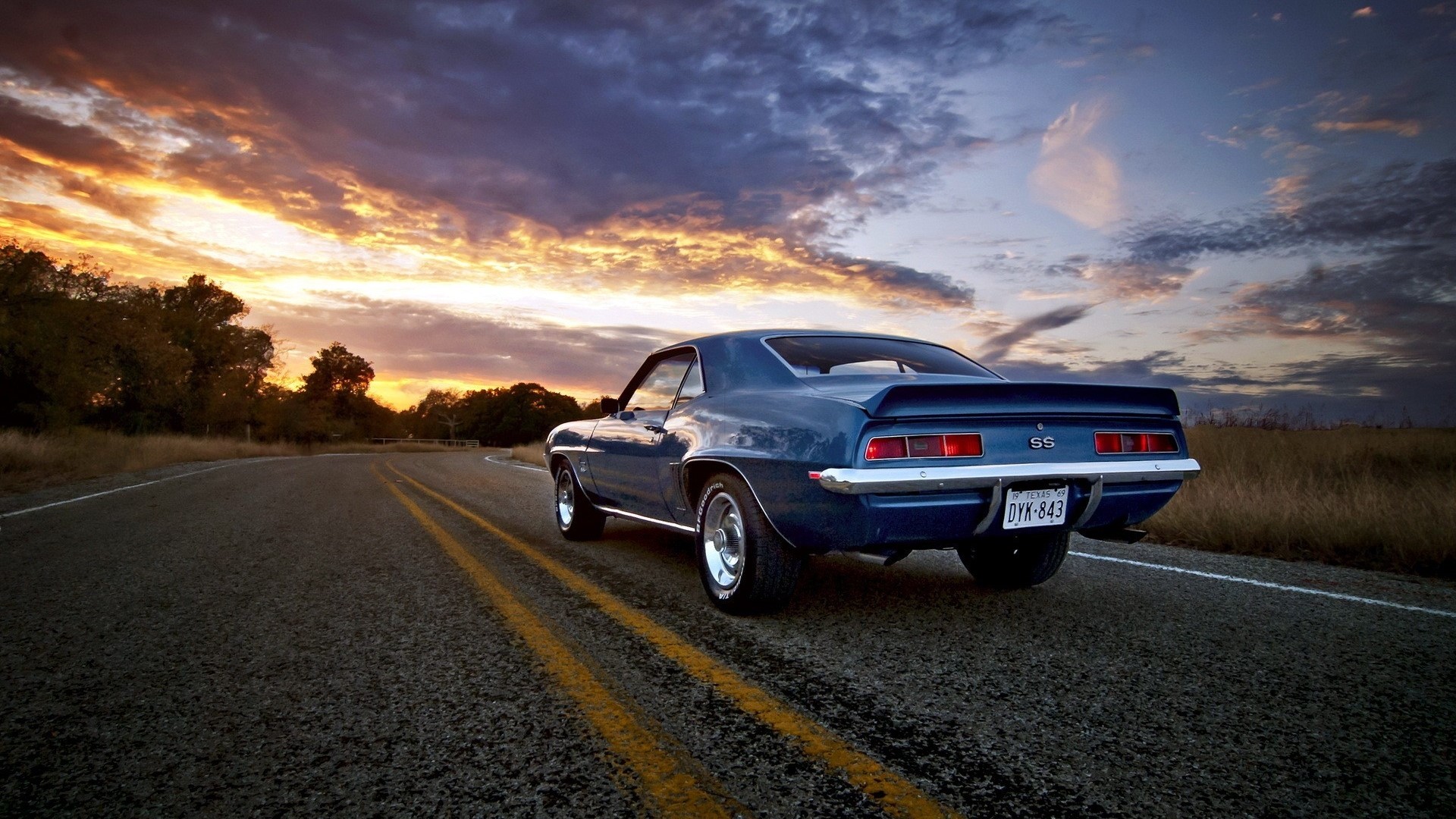 Blue 1969 Chevrolet Camaro SS on a Road at Sunset HD Wallpaper