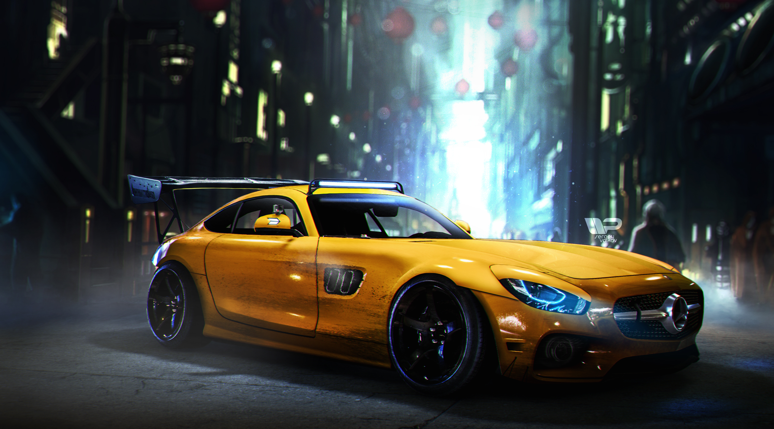 Yellow Mercedes-AMG GT S with spoiler in futuristic city HD Wallpaper