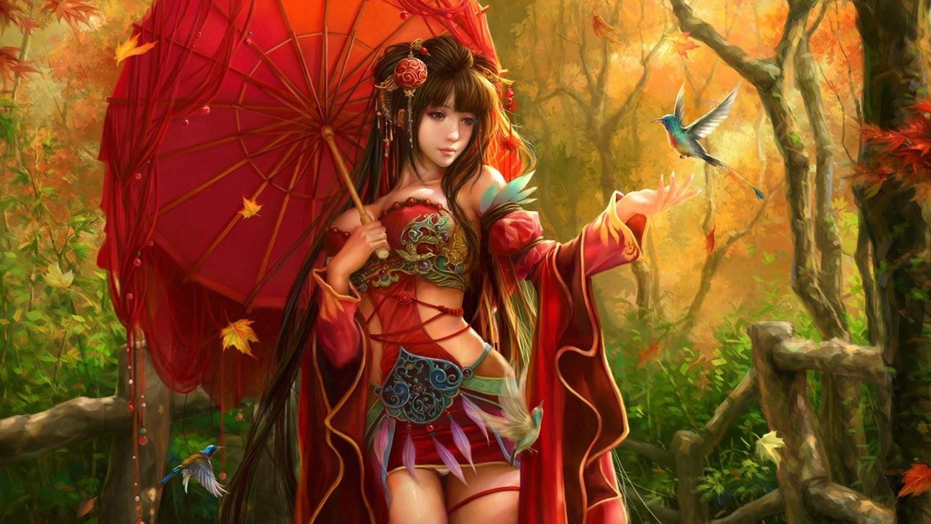 Oriental girl with red umbrella and birds in autumn forest HD Wallpaper