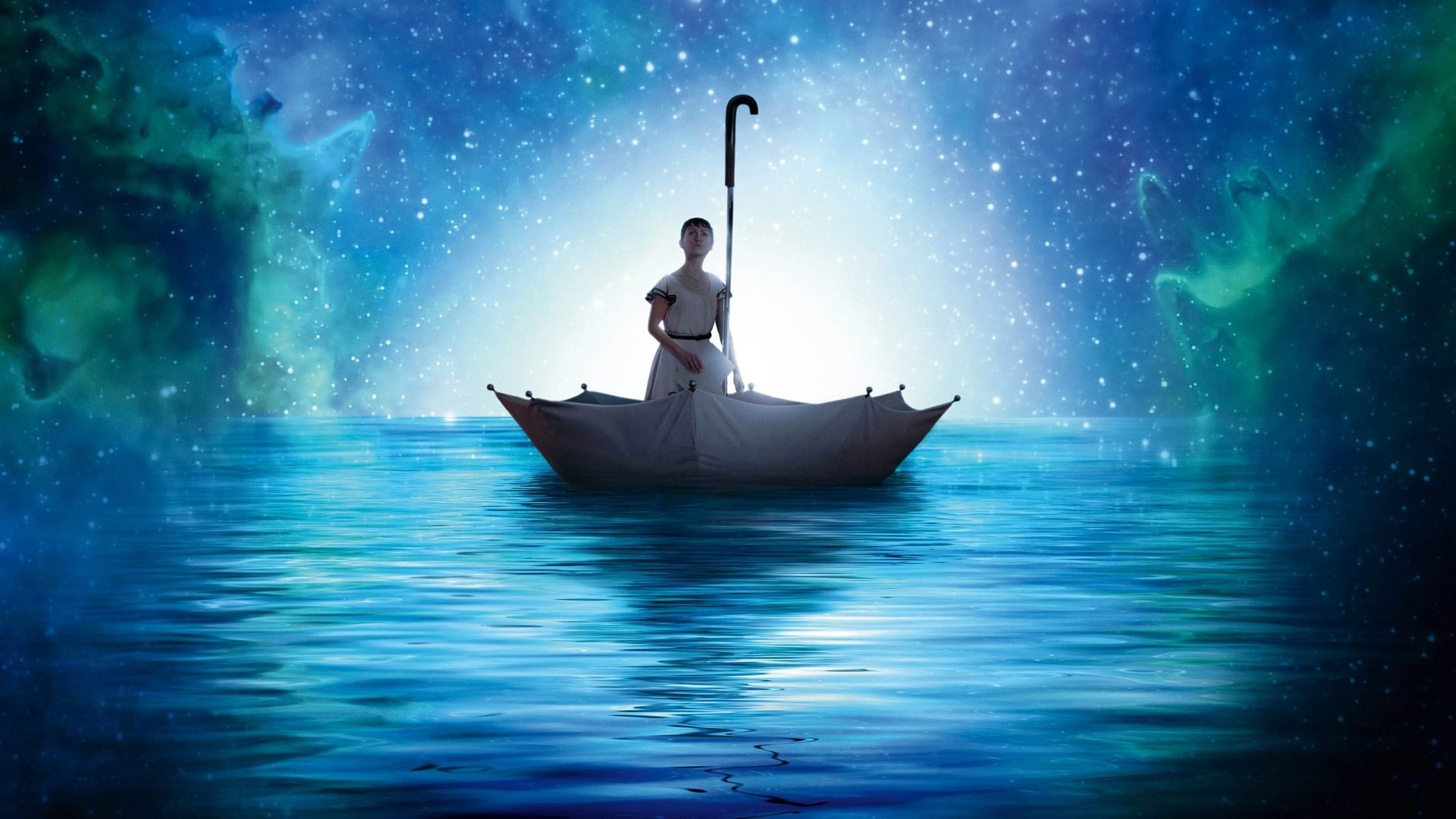Girl in an umbrella boat sailing on a starry sea HD Wallpaper