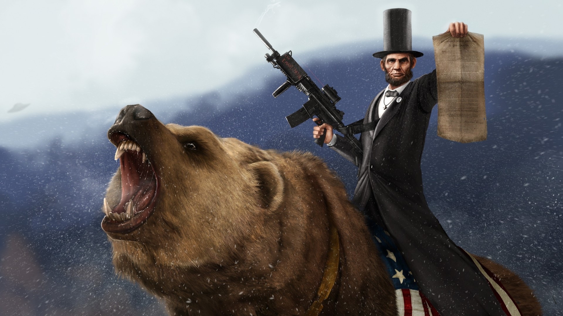 Abraham Lincoln riding a grizzly bear with a rifle HD Wallpaper
