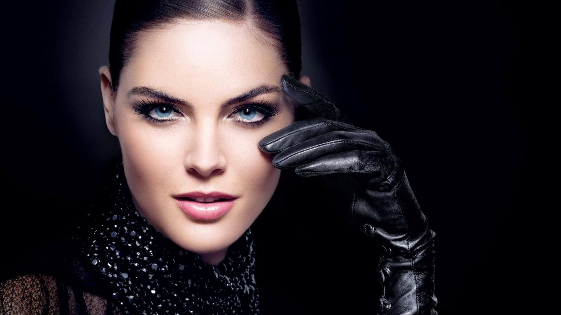 Woman with black leather gloves and sparkly collar HD Wallpaper