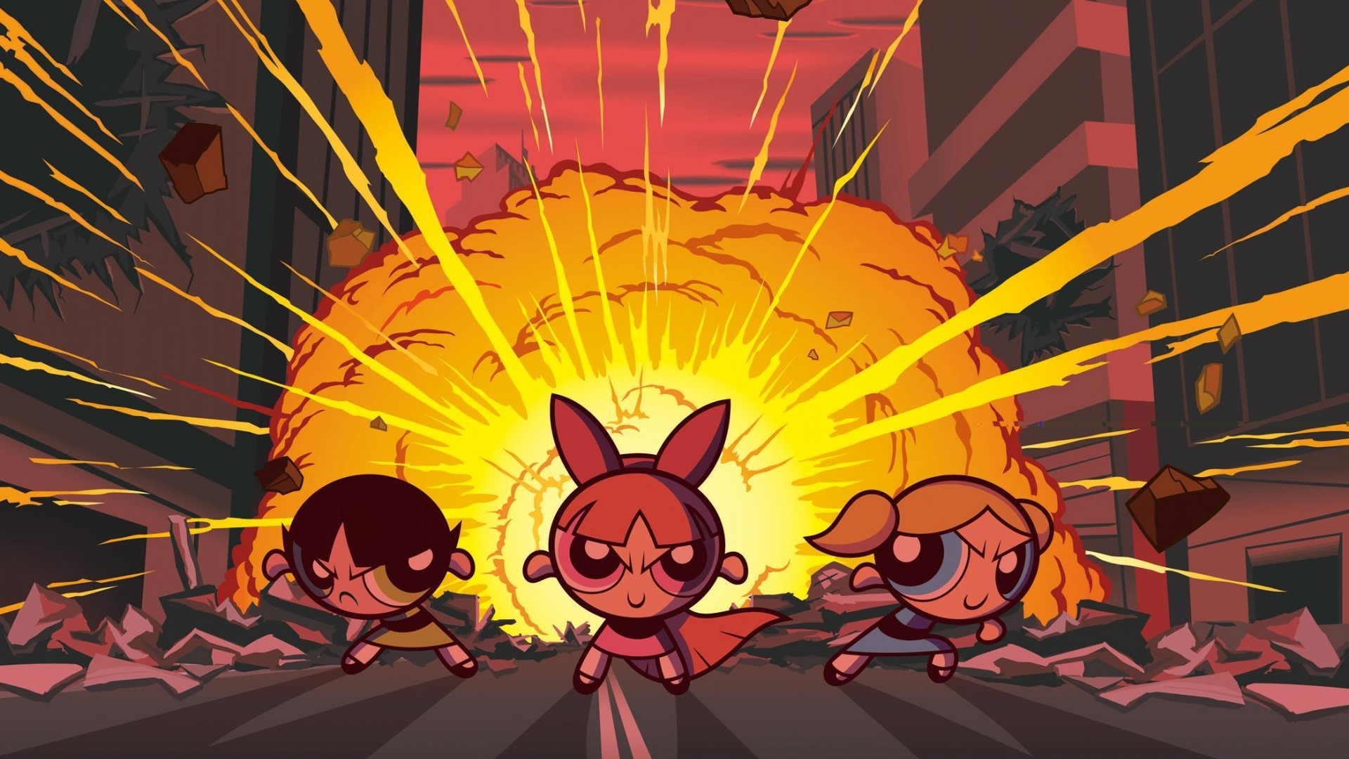 The Powerpuff Girls in front of an explosion HD Wallpaper