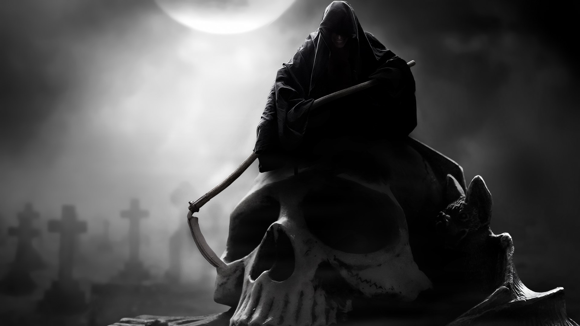 Grim Reaper sitting on a skull in a graveyard HD Wallpaper