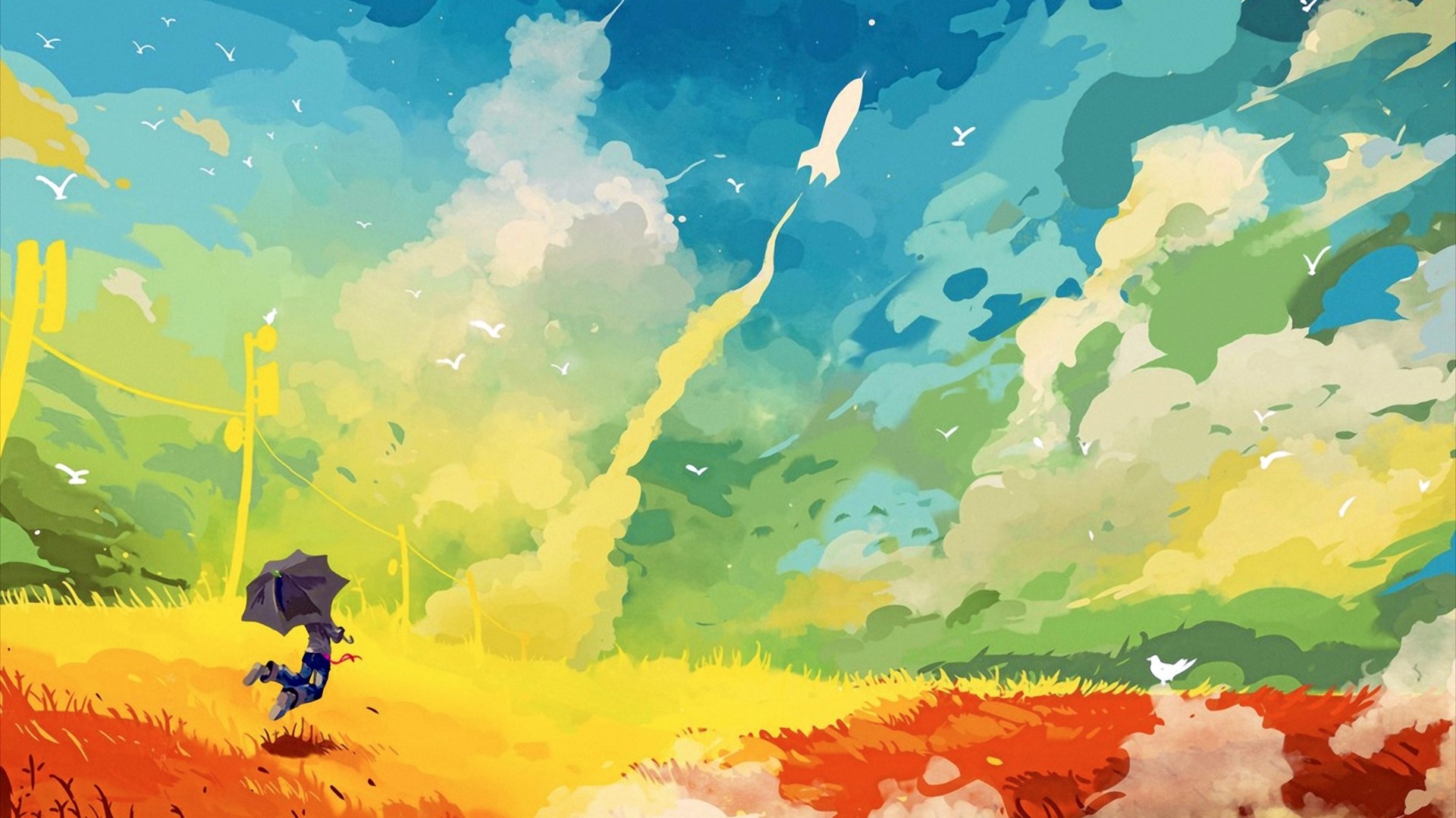 Abstract drawing of a rocket launch and a person with an umbrella HD Wallpaper