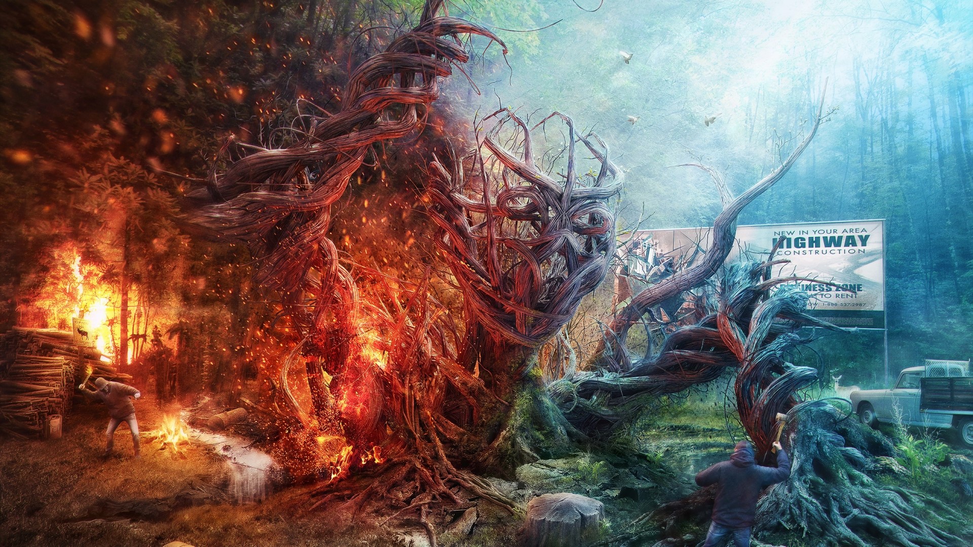 Tree monster in fire and ice with highway construction HD Wallpaper