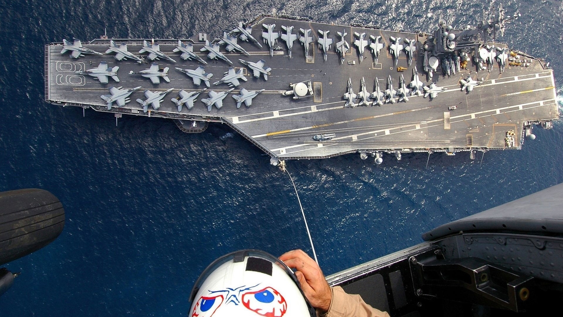 Aircraft carrier with fighter jets on deck HD Wallpaper