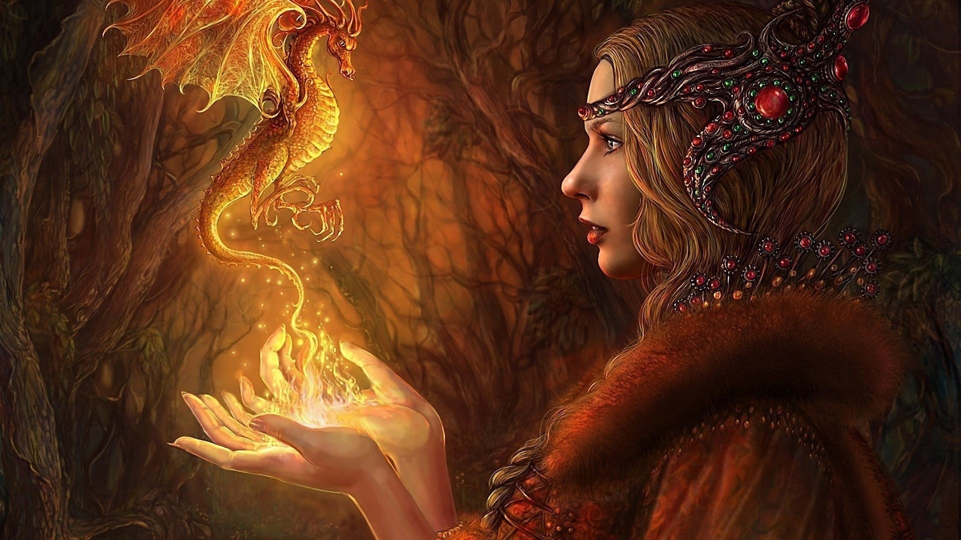 Girl with a dragon and fire HD Wallpaper