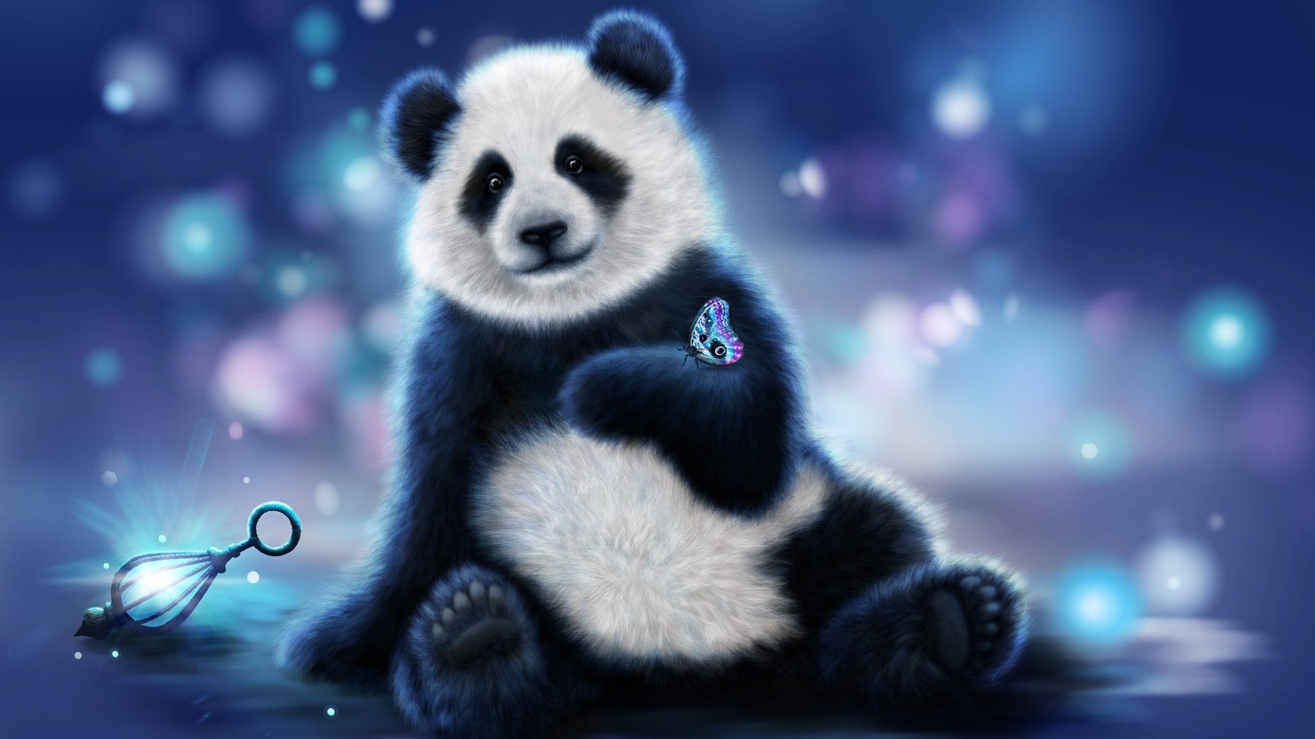Cute Panda with Butterfly and Lantern HD Wallpaper