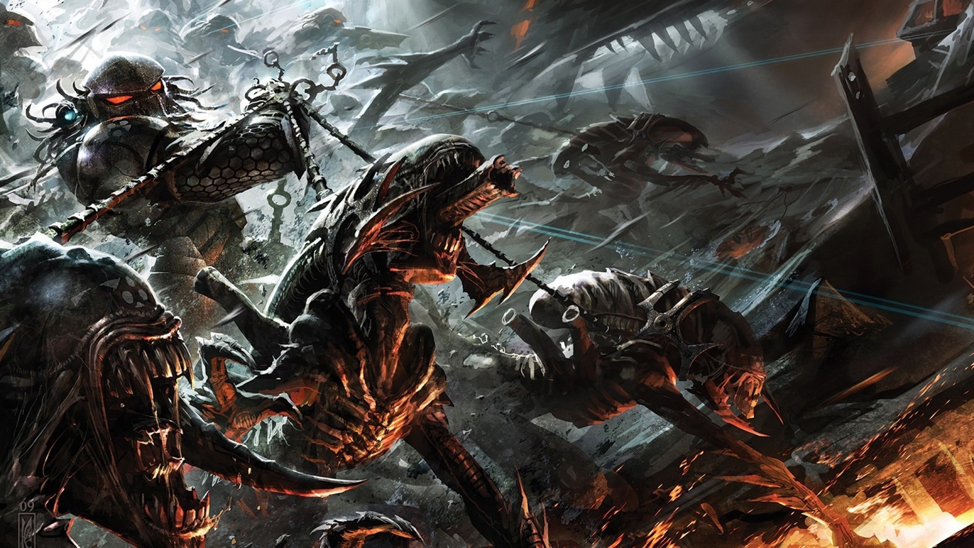 Predators fighting Xenomorphs artwork HD Wallpaper