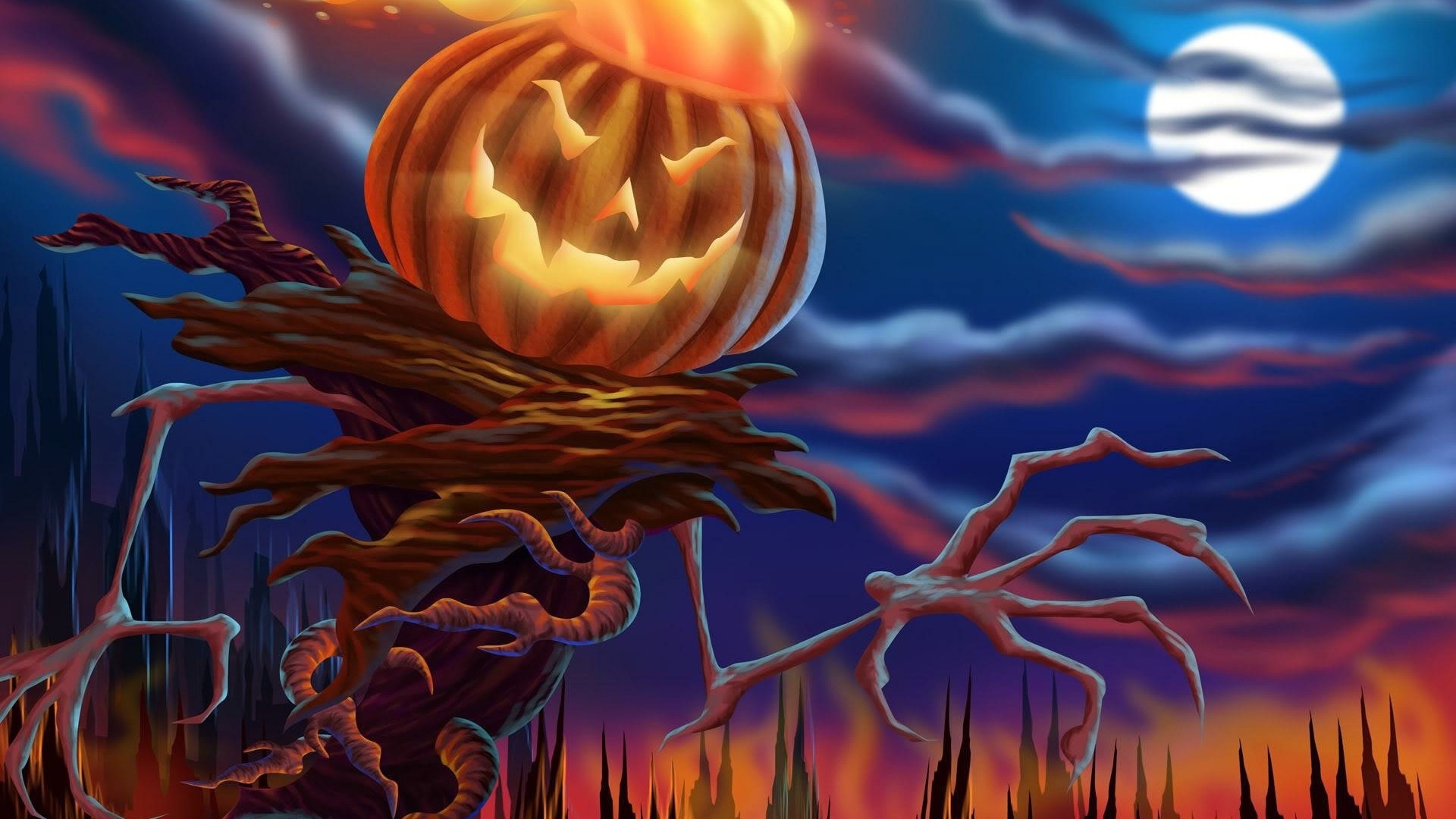 Creepy Halloween Jack-o'-lantern Scarecrow at Night HD Wallpaper