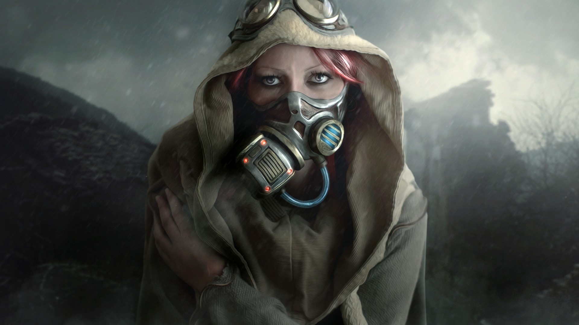 Woman in gas mask and hood in cold weather HD Wallpaper