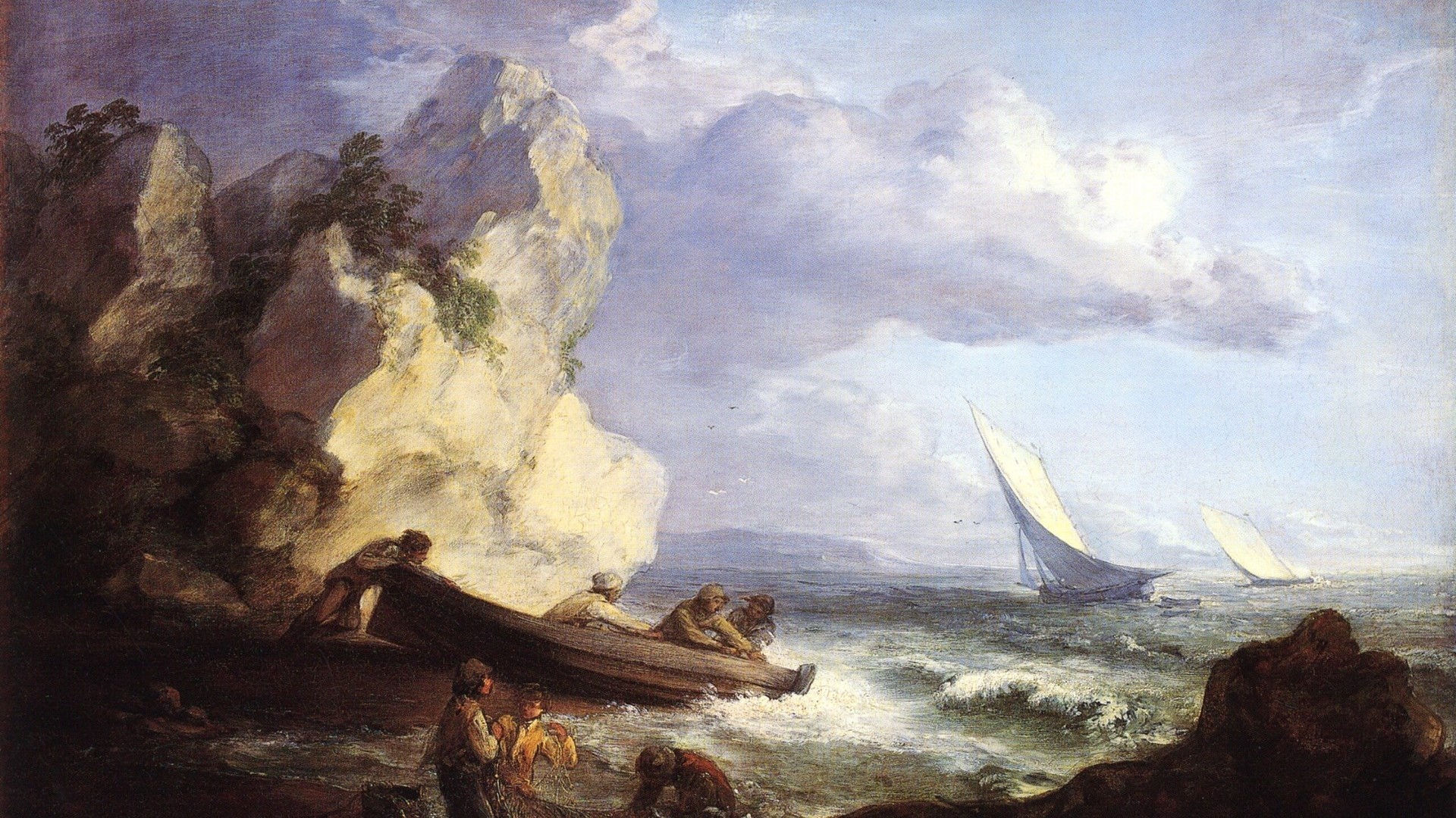 Fishermen launching a boat near a rocky shore with sailboats HD Wallpaper