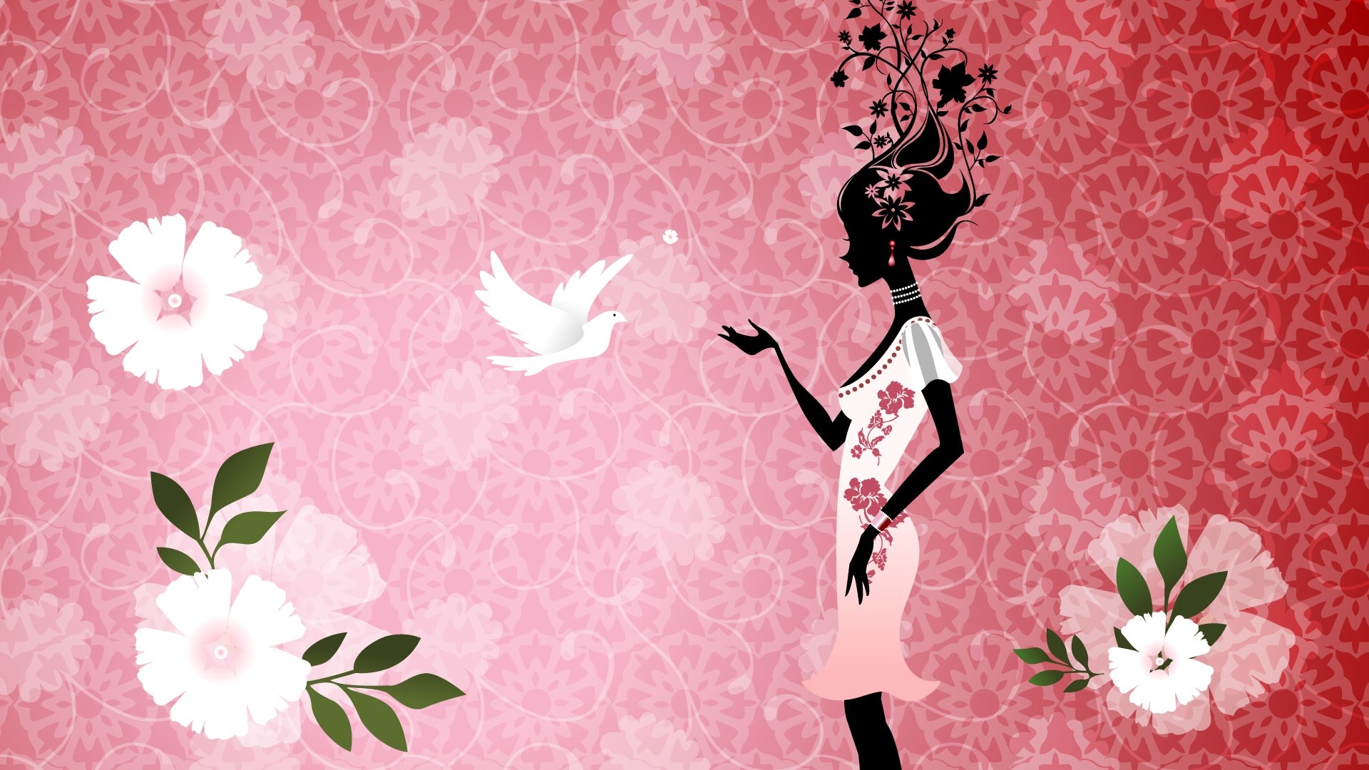 Silhouette of a woman with flowers in her hair and a dove HD Wallpaper
